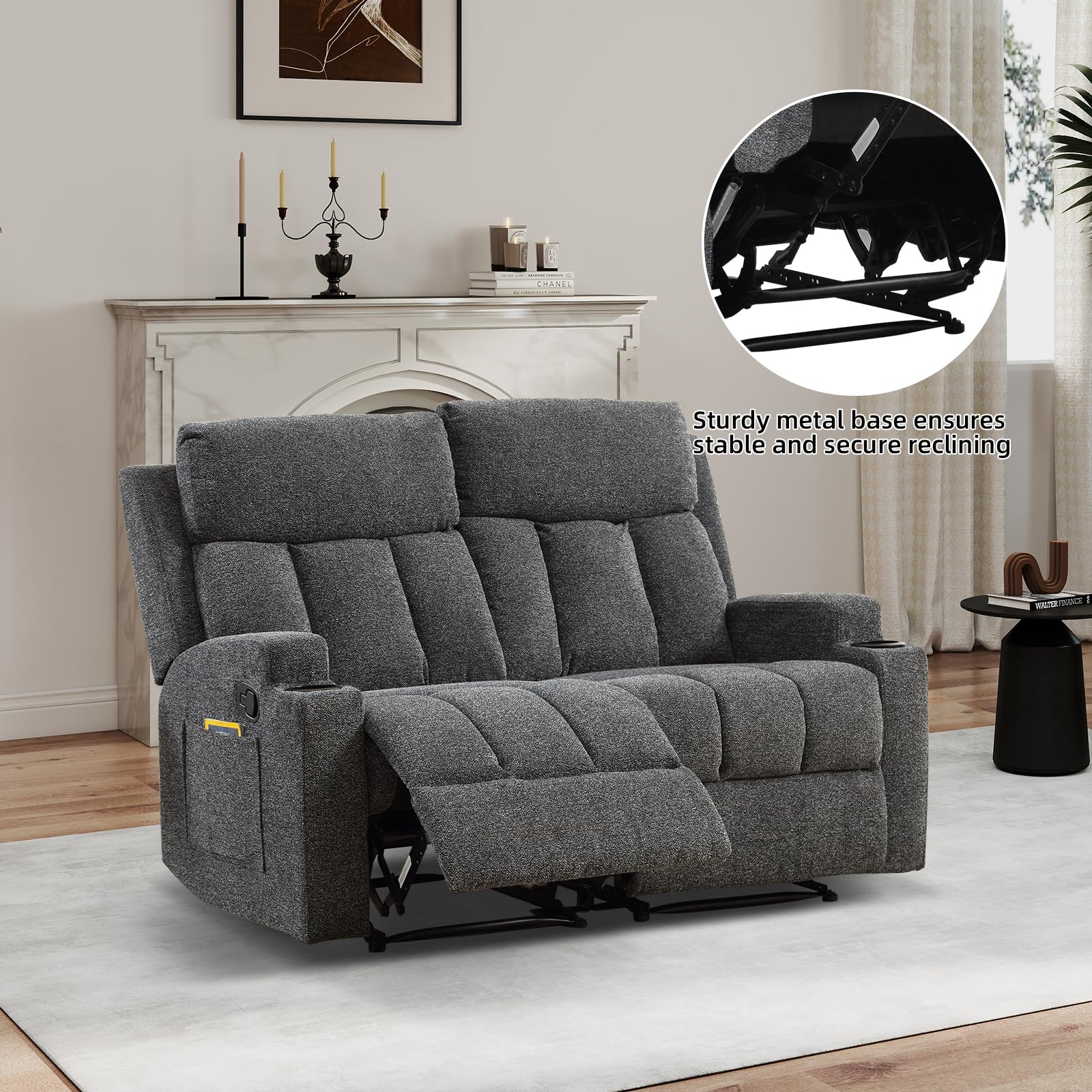 CANMOV Manual Loveseat Recliner, Soft Fabric 2-Seater Loveseat with Side Pocket & Cup Holders, Comfy Home Theater Sofa for Office & Living Room, Dark Grey view 6