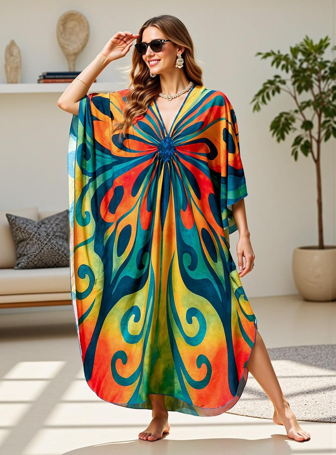 Women's Plus Size Kaftan Dress - Batwing Sleeve Long Beach Cover Up Maxi Dress Swimsuit Cover Loungewear - Image 3