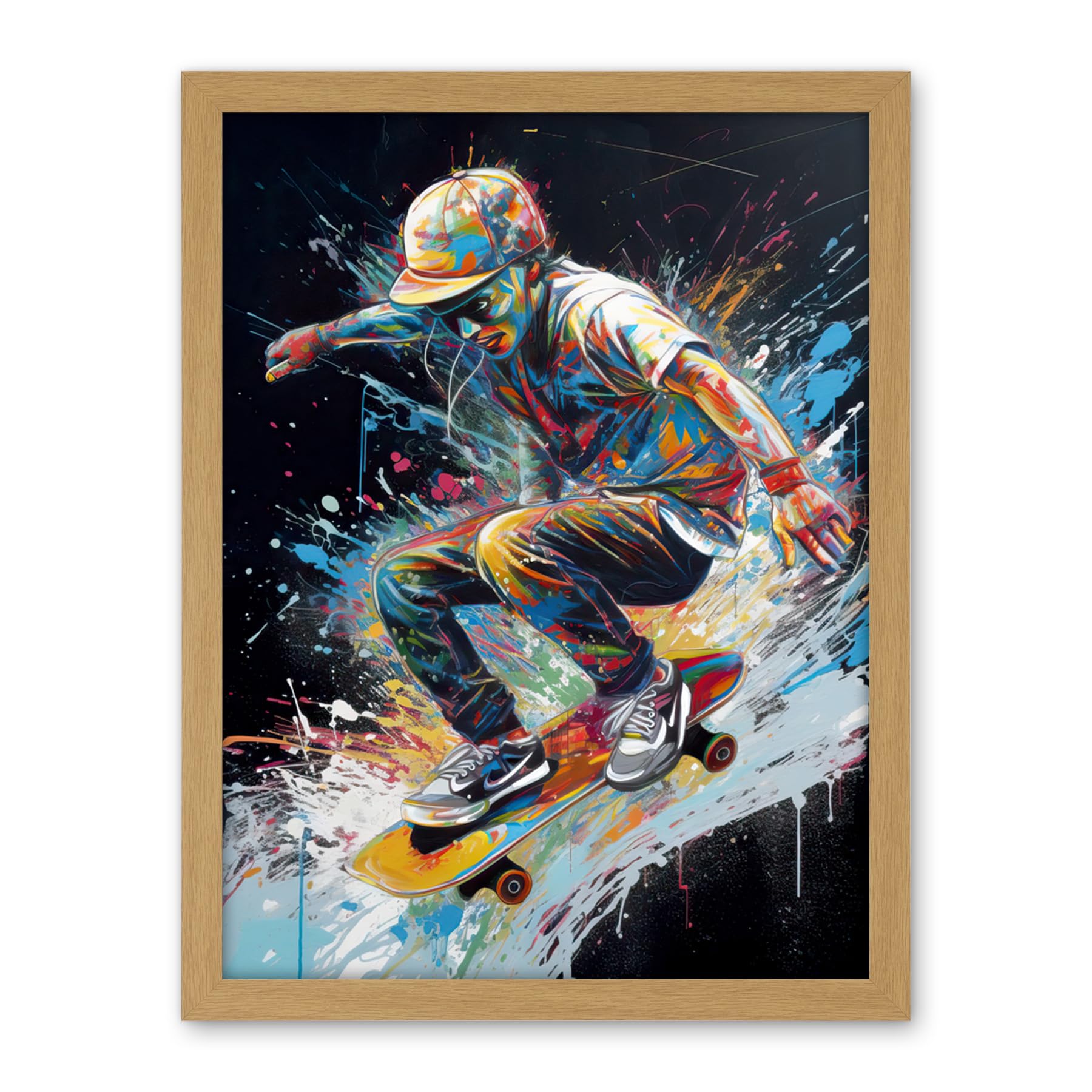Artery8 Skateboarder Skating Multicoloured Splat Paint Artwork Framed Wall Art Print 18X24 Inch