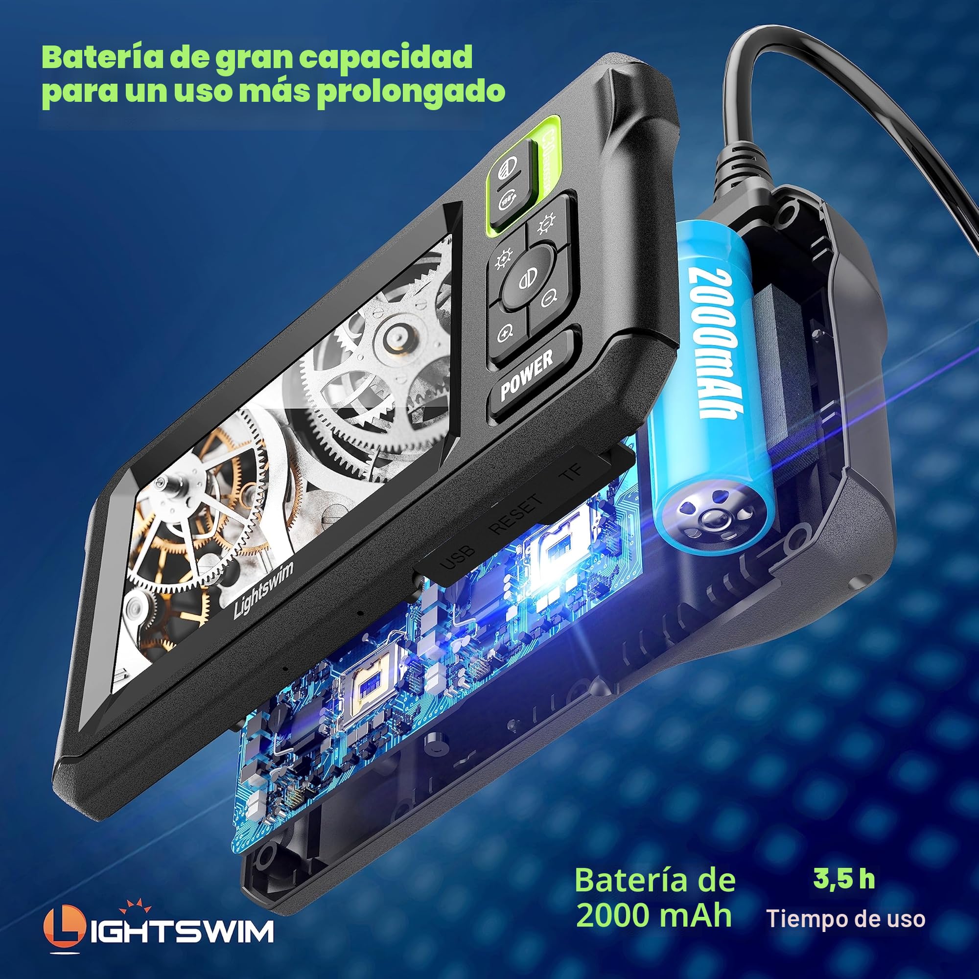Lightswim Cámara de inspección de endoscopio Industrial, cámara de alcantarillado con boroscopio IPS de 4,3", cámara de Serpiente Impermeable IP67 de Mano con 8 Luces LED, Cable semirrígido de 5 m