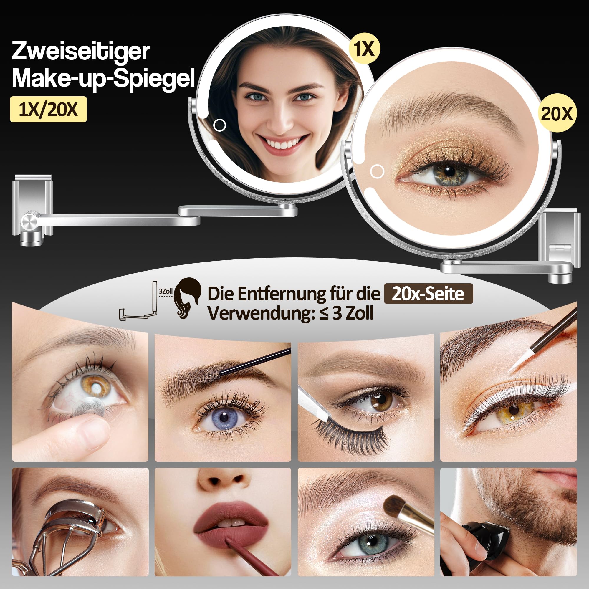MOMOKUBA Wandmontierter Make-up-Spiegel, Vergrößerungsspiegel mit Licht, 20X/1X doppelseitig, höhenverstellbar, 3 beleuchtete Modi, wandmontierter Spiegel aus Aluminiumlegierung, ideal für Badezimmer