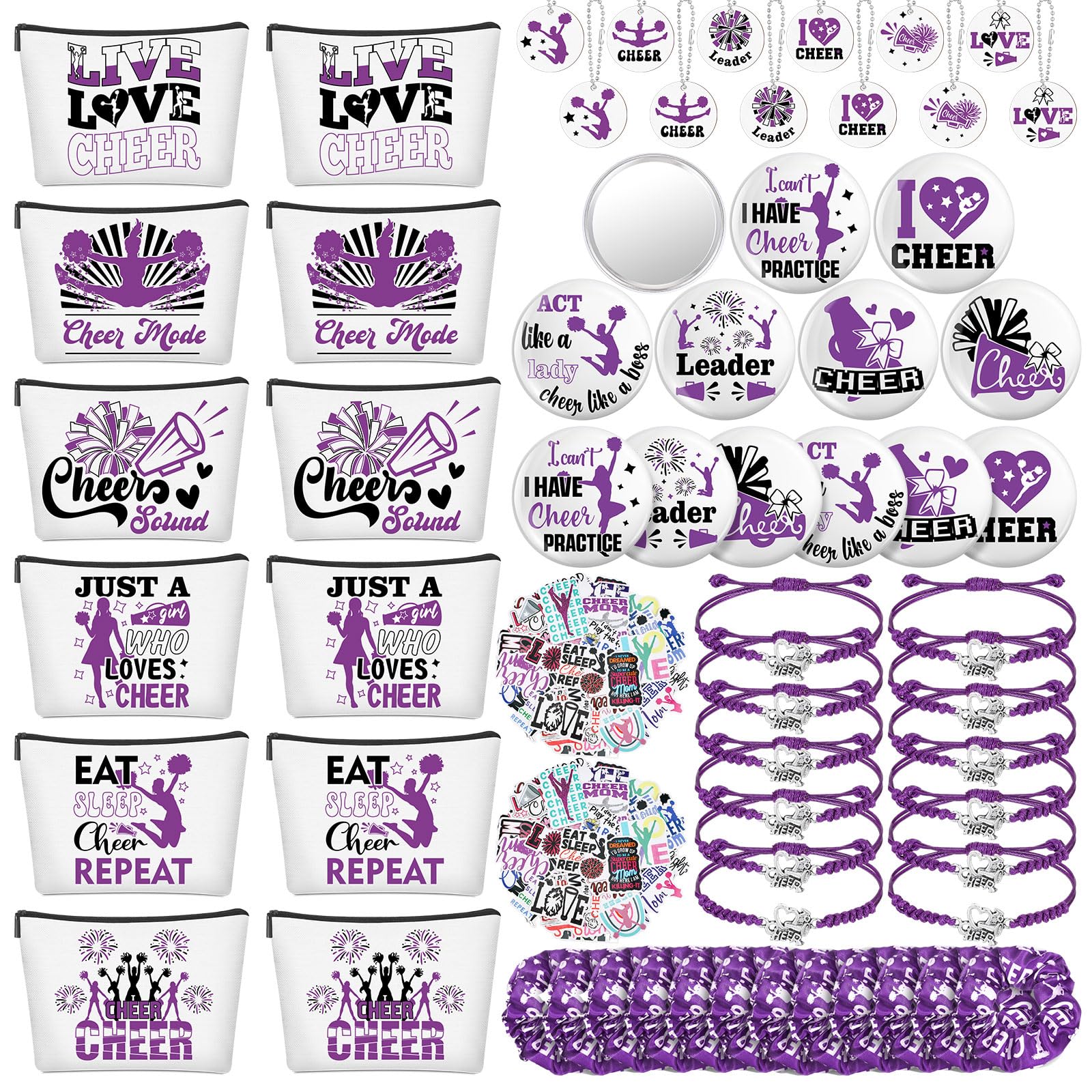Lyrow 160 Pcs Cheerleader Gifts Bulk for Team Back to School Gift Cheer Scrunchies Hair Ties Makeup Bag Cheer Mirror Bracelet Keychain Sticker for