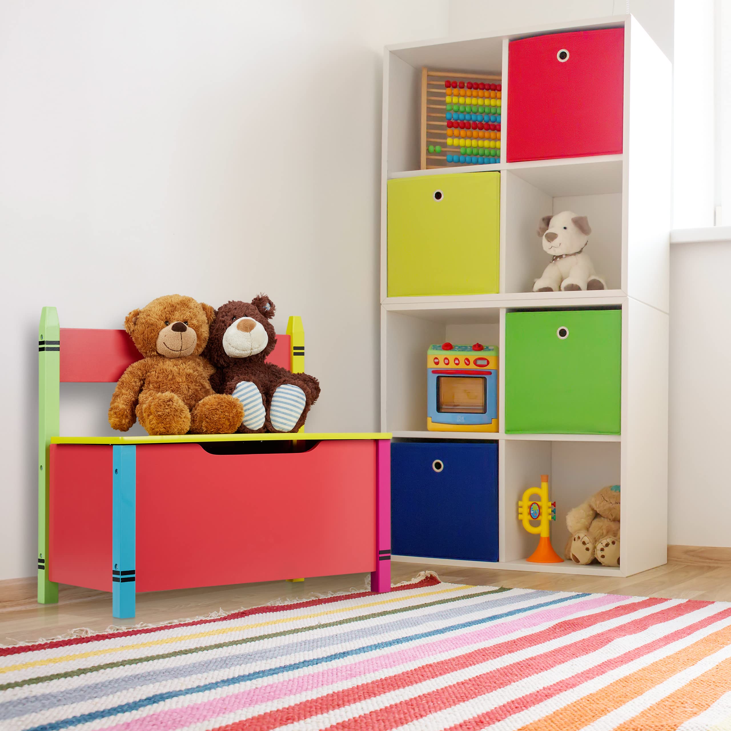 Relaxdays Panchetta con Cassapanca, Salvaspazio, con Coperchio, Cameretta Bambini, HLP 54,5x60x35 cm, MDF, Multicolore