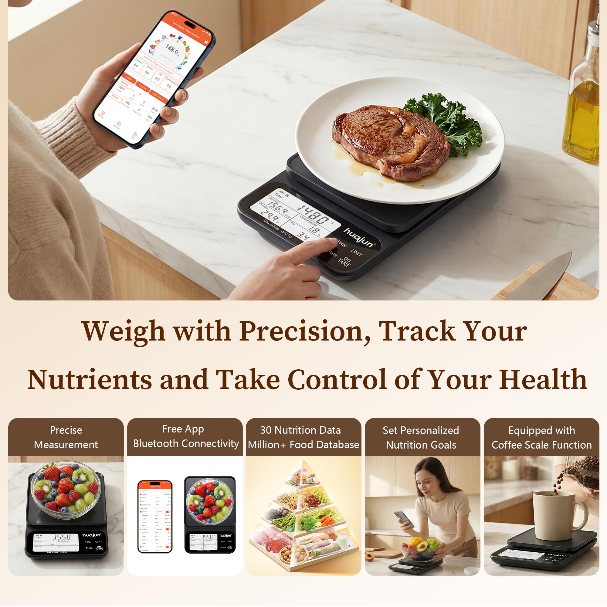 Küchenwaage Digital mit Nährwertberechnung, 5kg/0,1g Küchenwaage Bluetooth mit Kalorienzähler, App Smart Scale mit 30 Nährstoffe, Ernährungswaage mit LCD-Display für Gewichtsverlust,Fitness (grau)