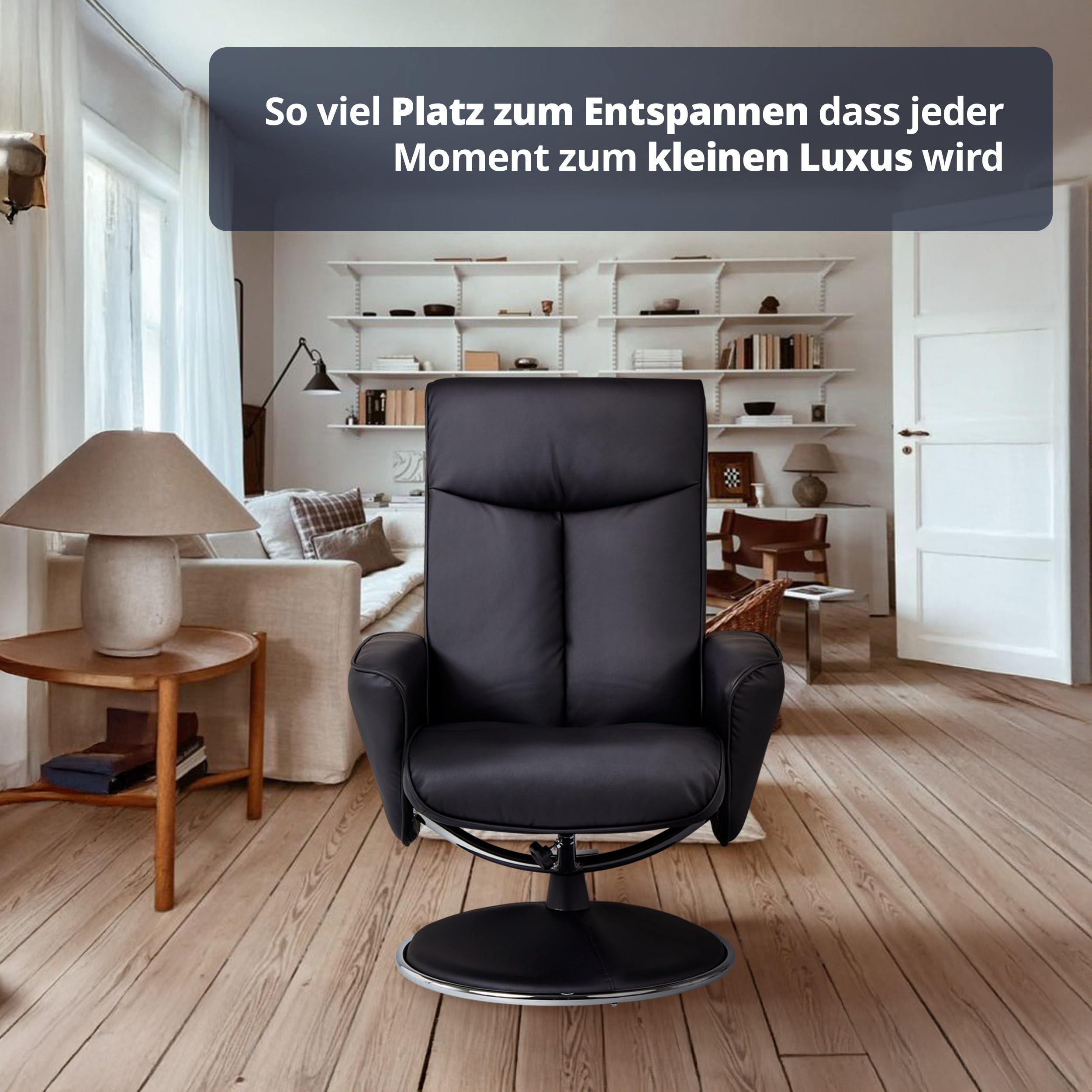 KHG Relaxsessel Schwarz Kunstleder mit Fußablage Relaxfunktion 82x104,5x110cm Sitzhöhe 46cm Sitzbreite 53,5cm