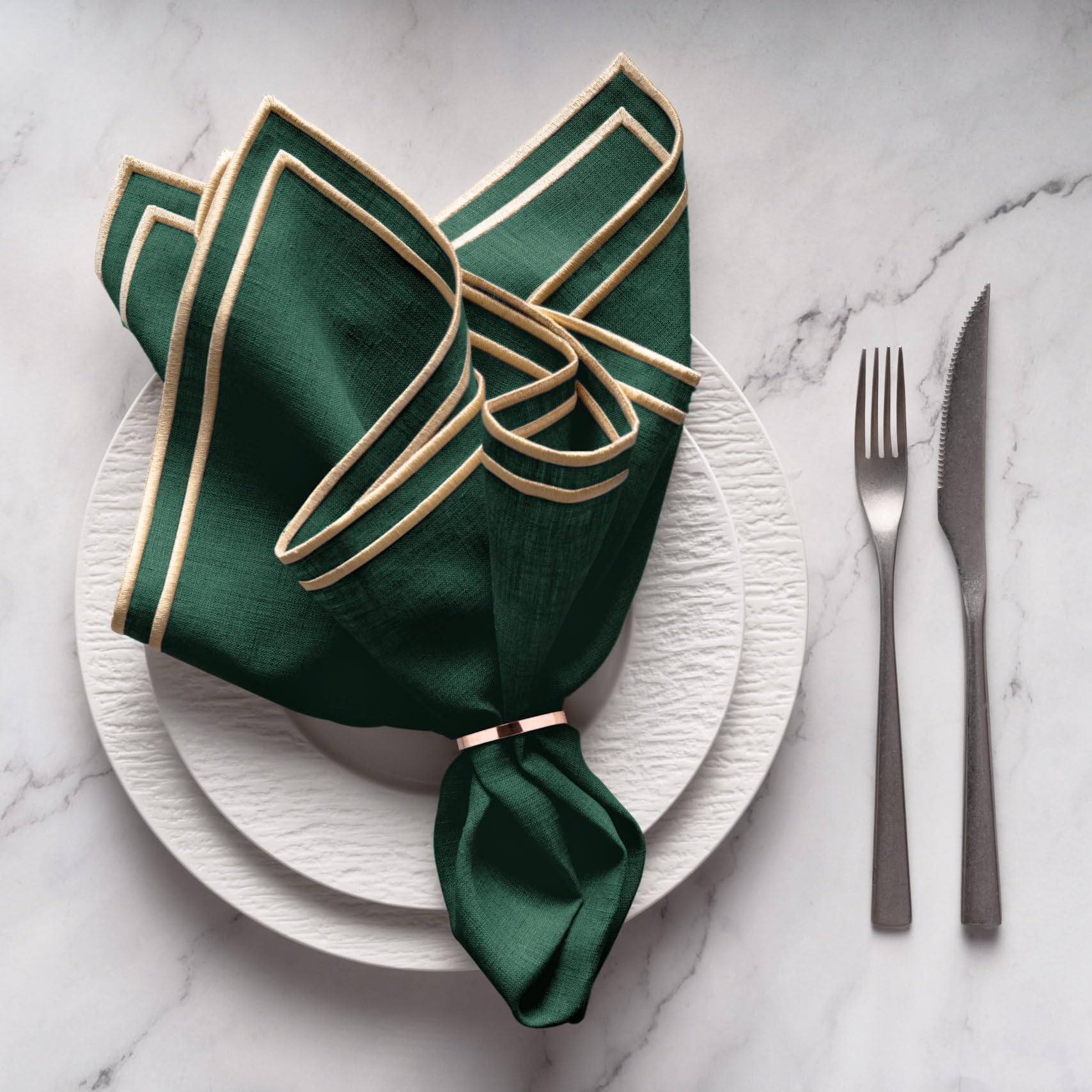 Juego de 4 servilletas de lino 100 % puro, color verde, con borde dorado bordado, 20 x 20 pulgadas, servilletas de tela lavables para otoño, Acción de Gracias y Navidad