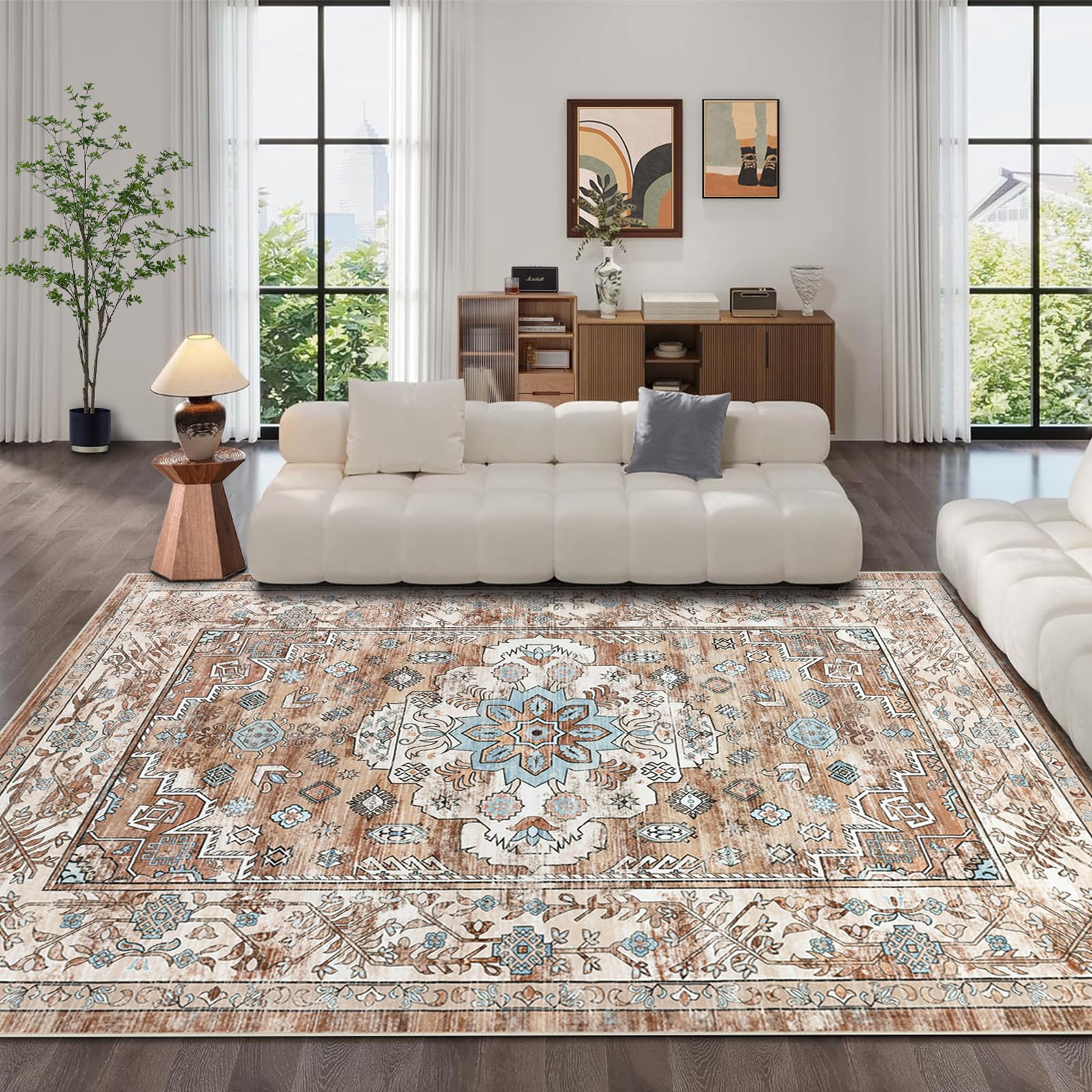 Enyhom Alfombra vintage para sala de estar, 180 x 270 cm, grande, suave, antideslizante, de pelo corto, lavable, envejecida, para cocina, cuarto de baño, color crema vintage