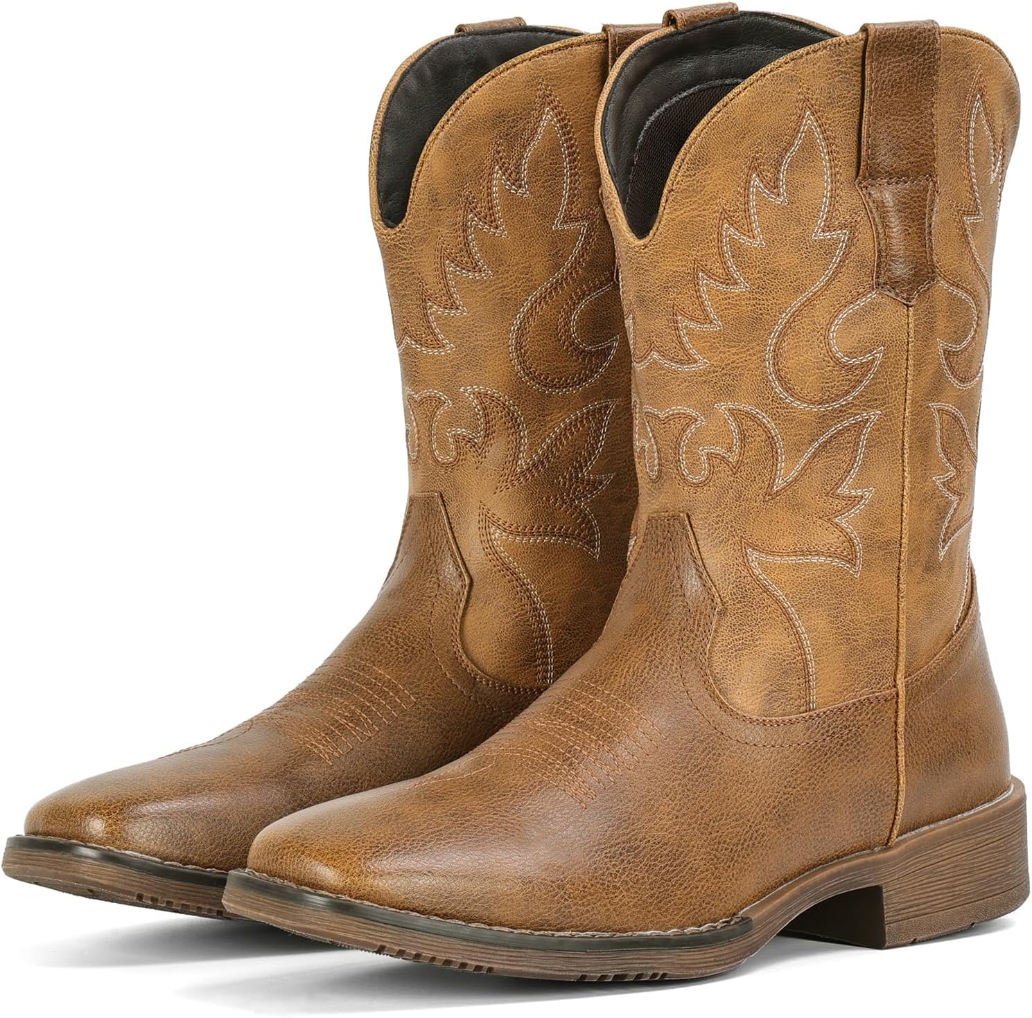 IUV Cowboy Boots for Men Square Toe Chunky Heel Western Boots with Retro Classic Embroidered Pull on Mid Calf Slip Resistant Casual Shoes