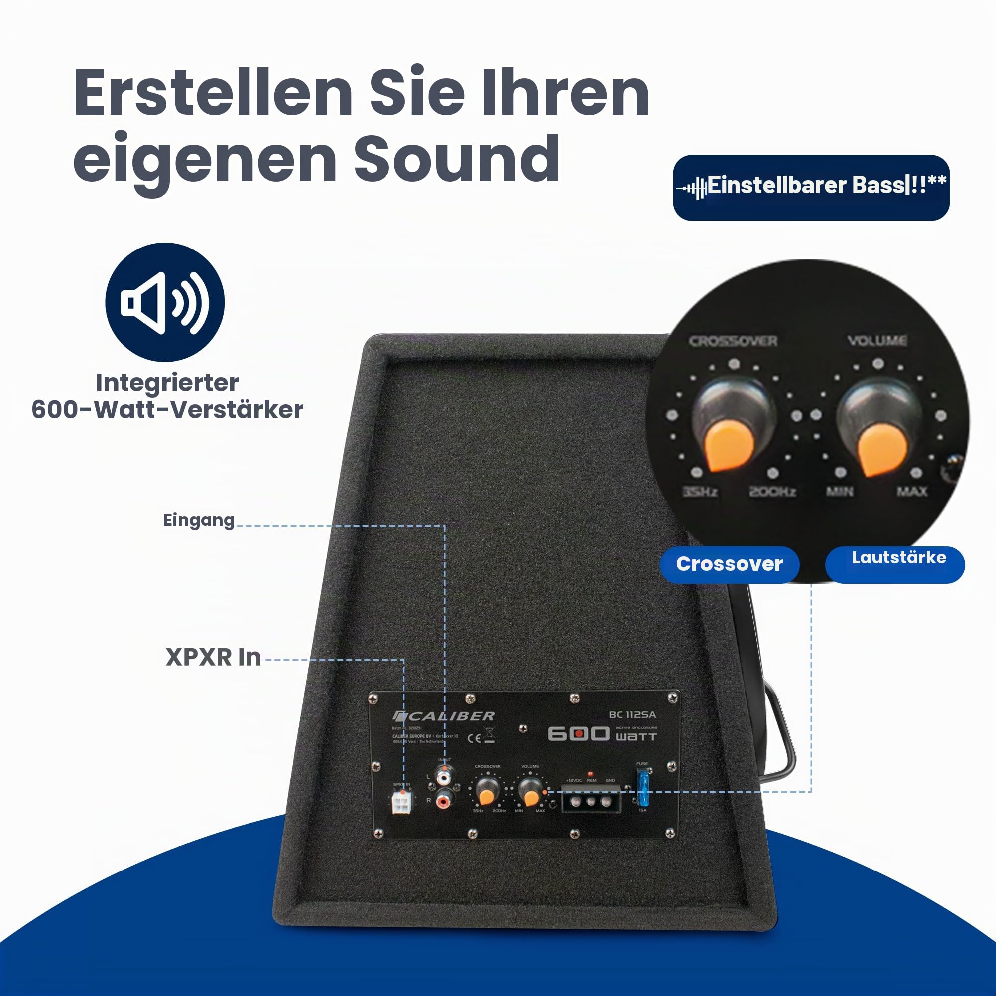 Caliber Subwoofer Aktiv Set für Auto - 12 Zoll Bassbox mit Verstärker 600W Spitzenleistung, 200W RMS - Active Autolautsprecher Set inkl. Endstufe für Autoradio - Kraftvoller Bass für Car - Schwarz