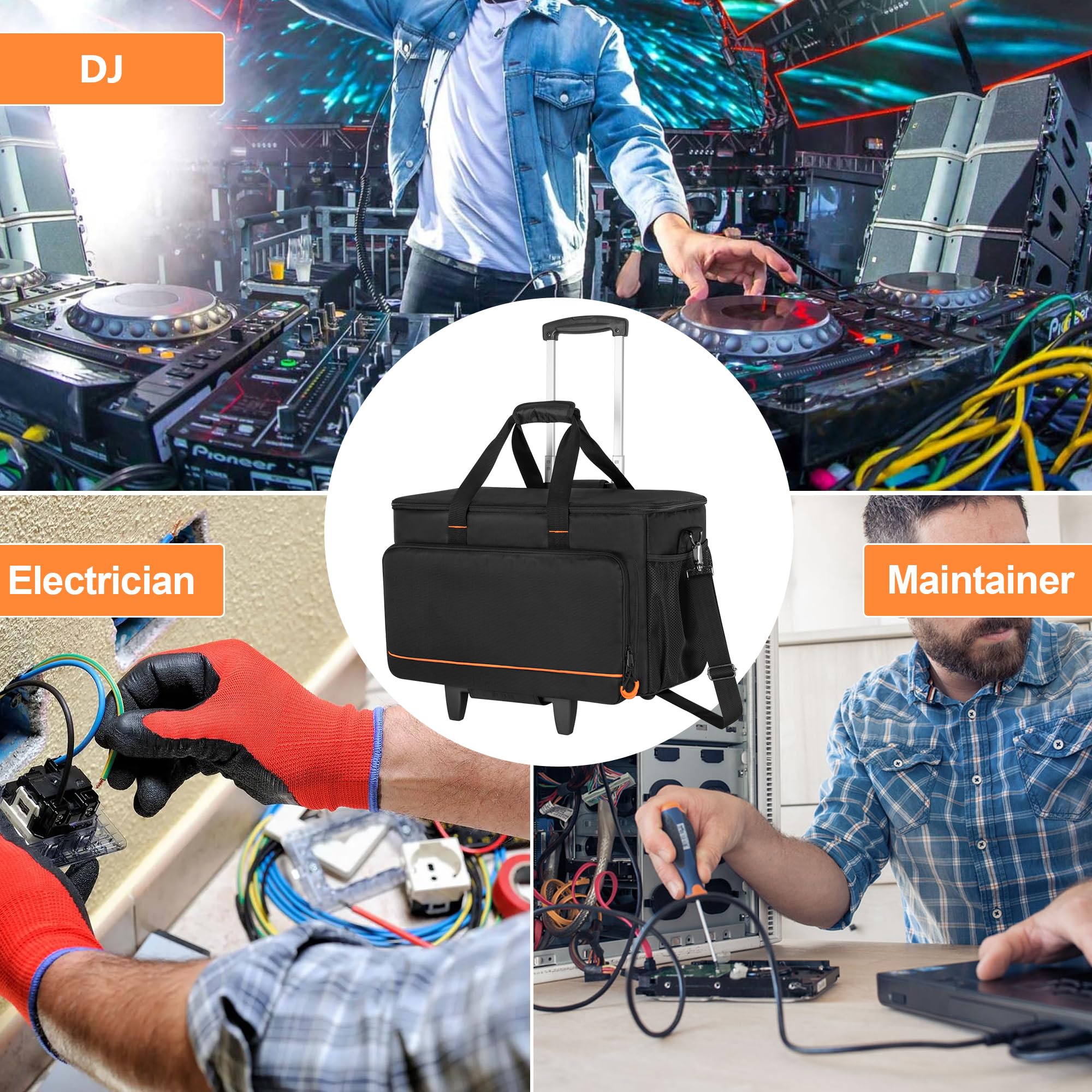 Trunab Borsa Portacavi per DJ con Fondo Rigido Imbottito, Divisori Staccabili e Carrello, Custodia da Viaggio per Attrezzatura Professionale Per DJ, Strumenti Musicali e Accessori