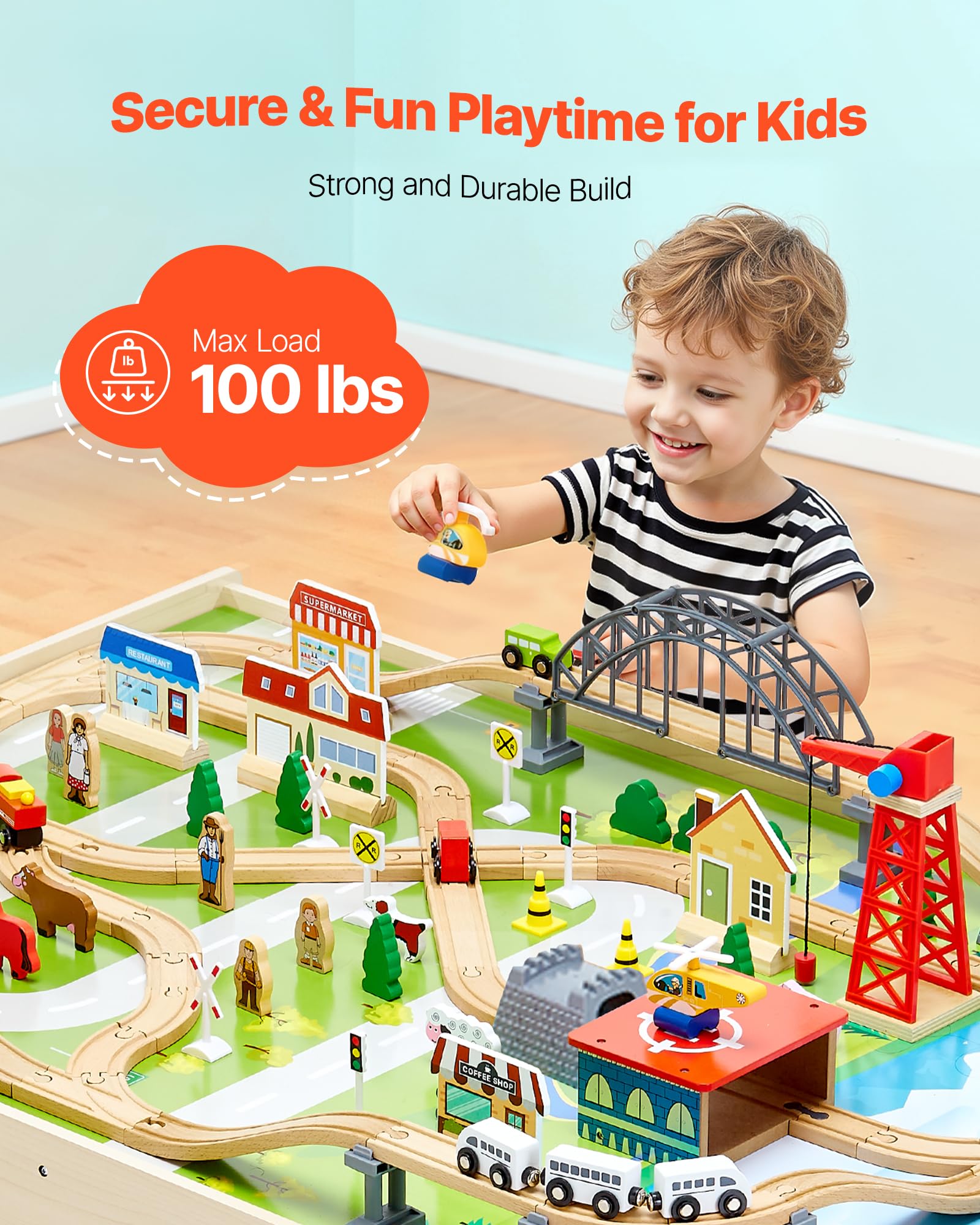 VEVOR Holz Aktivitätstisch, 120-teilig, mit zusammenklappbarem Aufbewahrungsbehälter, 3-in-1-Eisenbahn-Set zum Spielen, Malen, Lesen, Essen, kreatives Spielzeug-Set für Kinder ab 3 Jahren