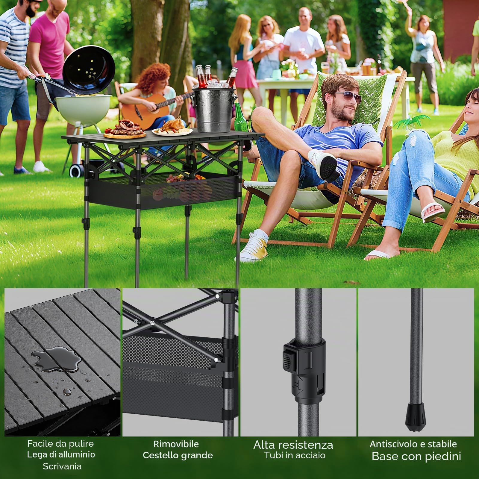 JiGiU Tavolo Pieghevole da Esterno 70 cm Nero Regolabile in Altezza-Design a Pacchetto Compatto con Rete Portaoggetti, per Campeggio, Giardino, Spiaggia e Picnic