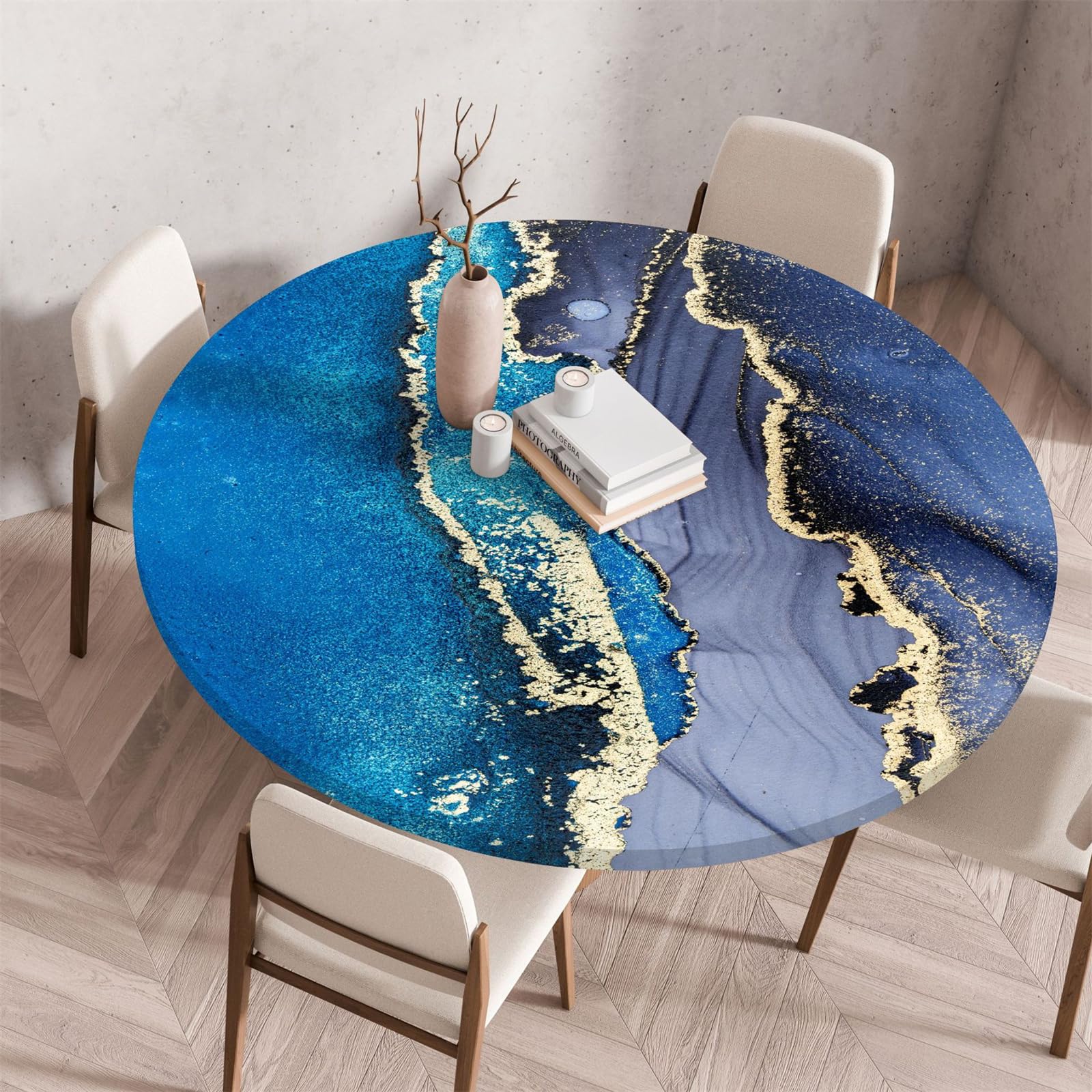 Muiuou Elastic Edged Round Tablecloth,Marble Printing Reusable Wipeable Waterproof Oil-Proof Round Table Cloth Tablecloth,for Dinning Room Kitchen Home Decoration (Diameter 120cm,Marble 2)