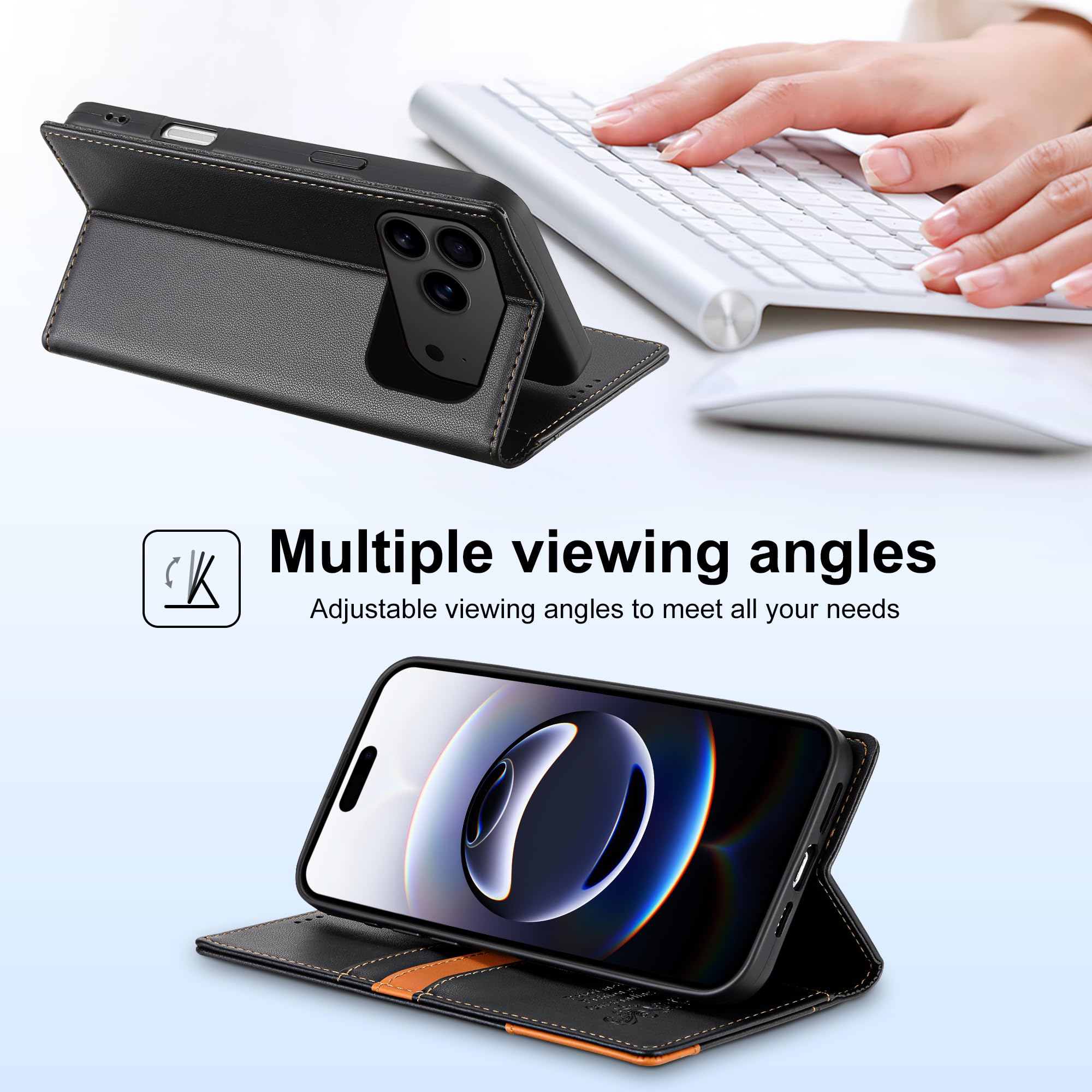 Custodia magnetica a libro in pelle di lusso con portafoglio e scomparto per carte per iPhone 16 (per iPhone 16/Nero)