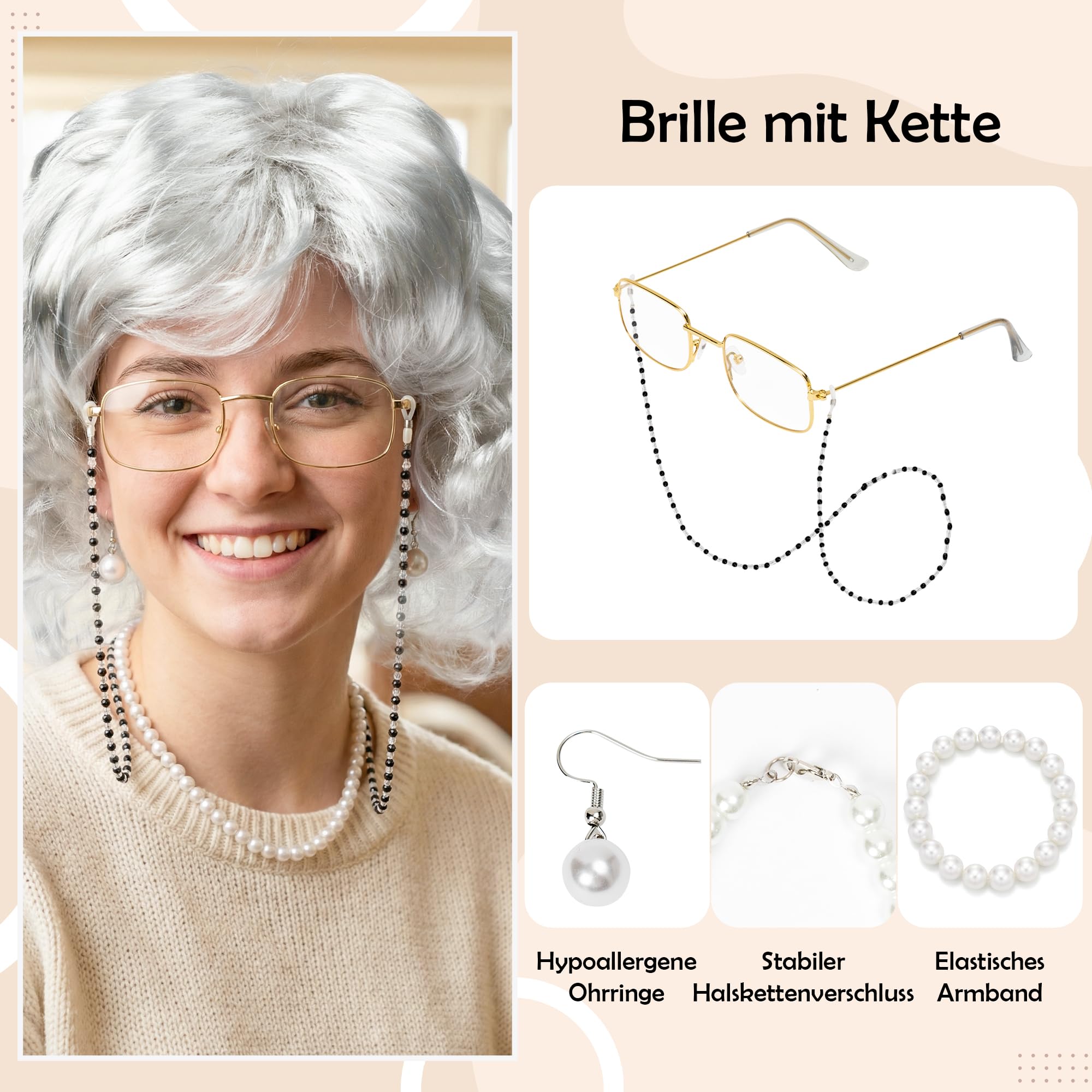 9Pcs Old Lady Fancy Dress Costume Set including Grey Granny Wig Cap Pearl Necklace Earrings Bracelet Glasses on Chain Inflatable Cane Grandma Dress for Halloween Carnival World Book Day Masquerade Cosplay - Image 3