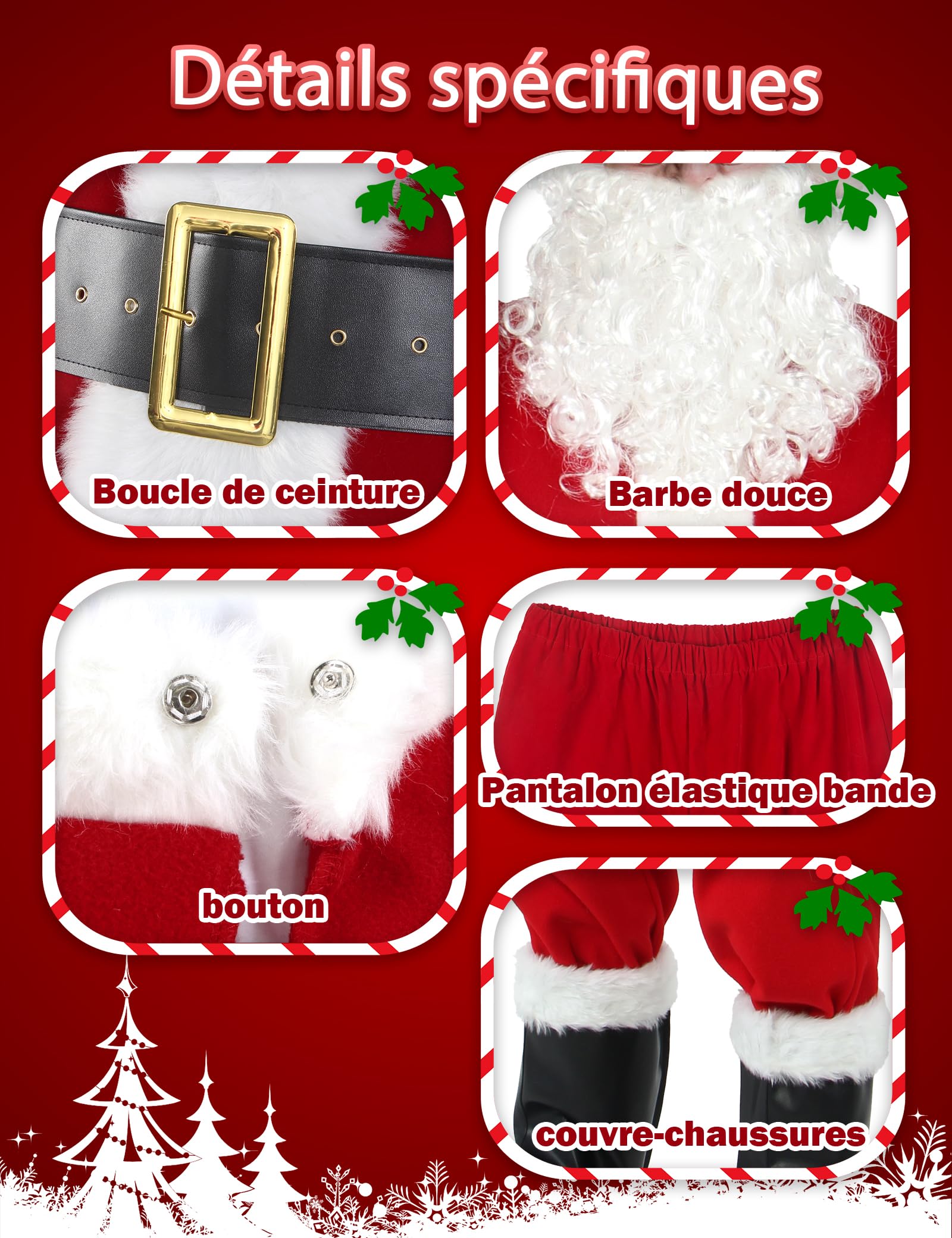 Gardentime Costume de Père Noël pour homme - Costume de Père Noël pour adulte - 10 pièces - rouge - Taille