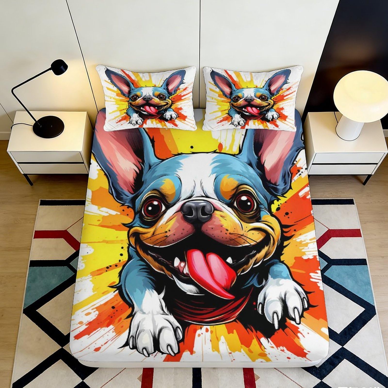 3D Printed Colorful French Bulldog Fitted Sheet Microfiber Soft Breathable Cartoon Dog Bed Cover for Bedroom Dorm Mattress Protection Decor 119 180x200x25cm