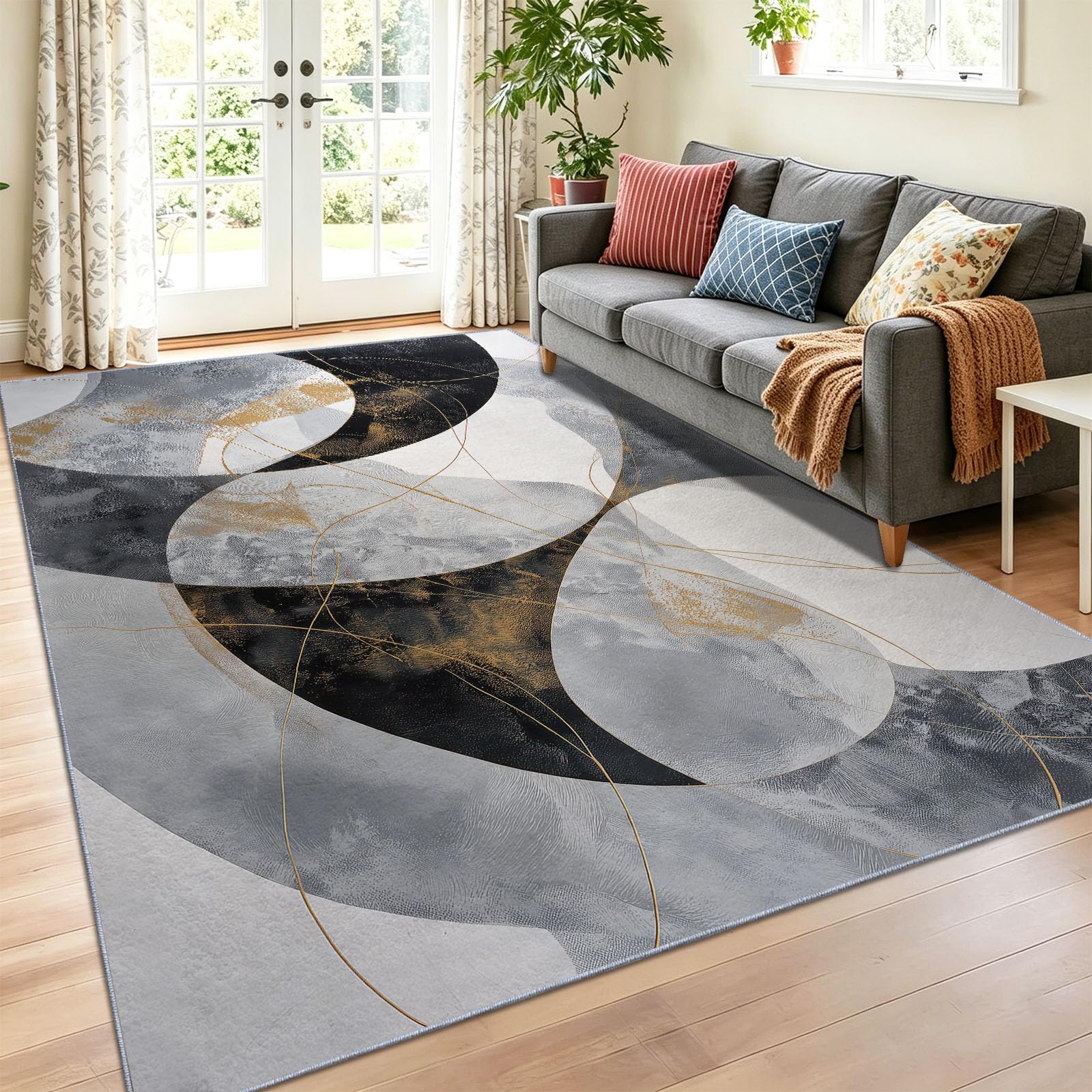 Waschbar 180 x 240 cm Minimalistisch Luxuriös Weich Teppich Wohnzimmer Schlafzimmer Esszimmer, rutschfeste Kurzflor Abstrakt Kurven Textur Teppiche, Gold Weiss