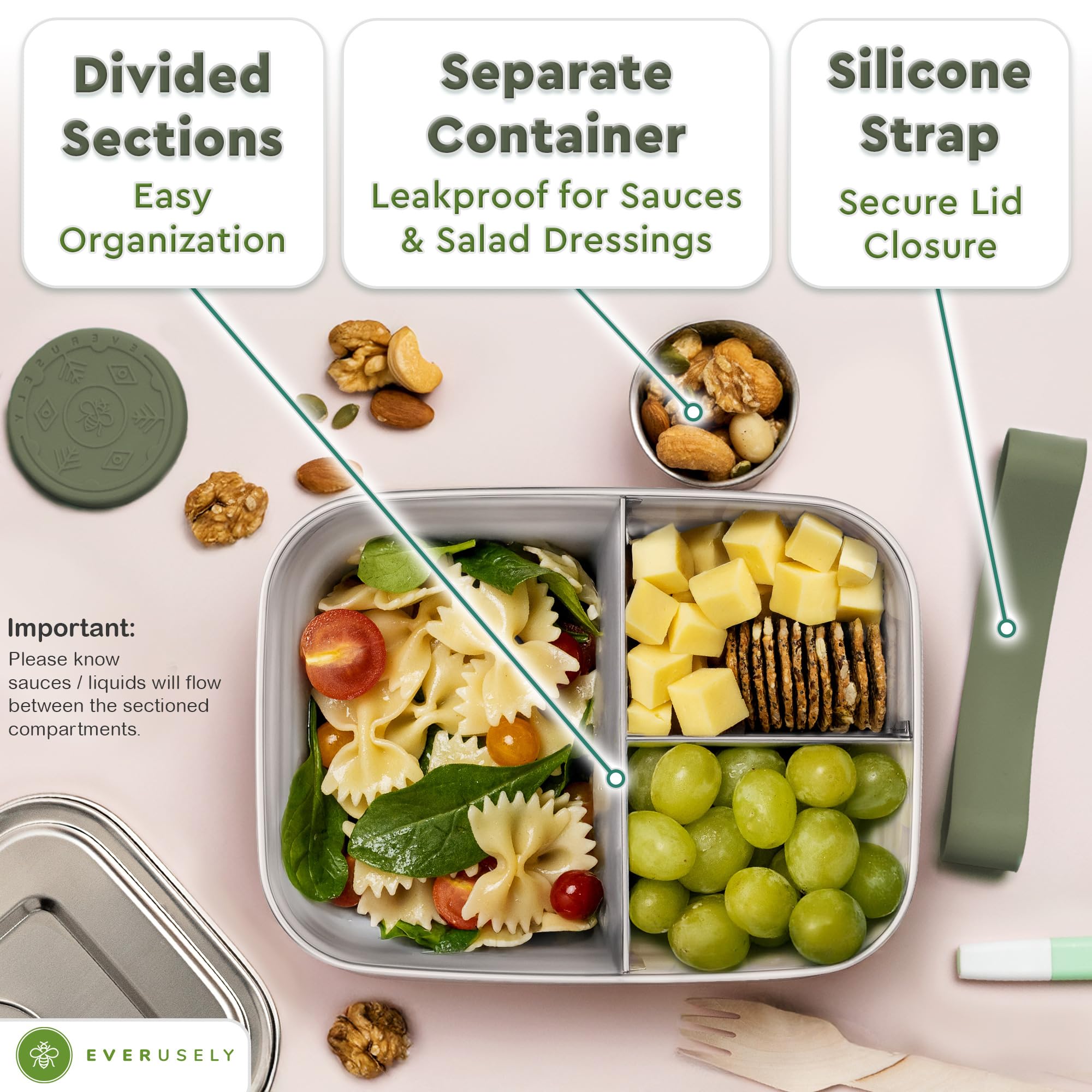 Everusely - Bento Box - Sage - 1.4 L - Stainless Steel Lunch Box with Leakproof Condiment Container - 3 Compartment Snack Container