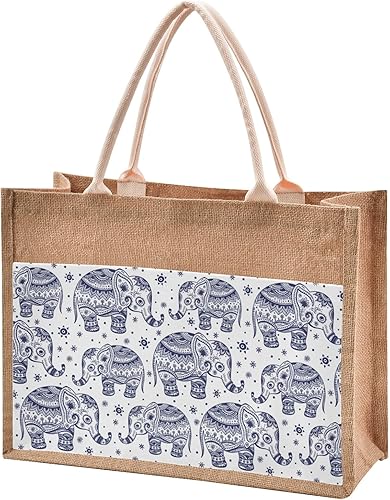 CaTaKu Paisley Native Elephant - Bolsas de yute con asas y cremallera, bolsas grandes de arpillera con bolsillo frontal de lona, bolsas de regalo
