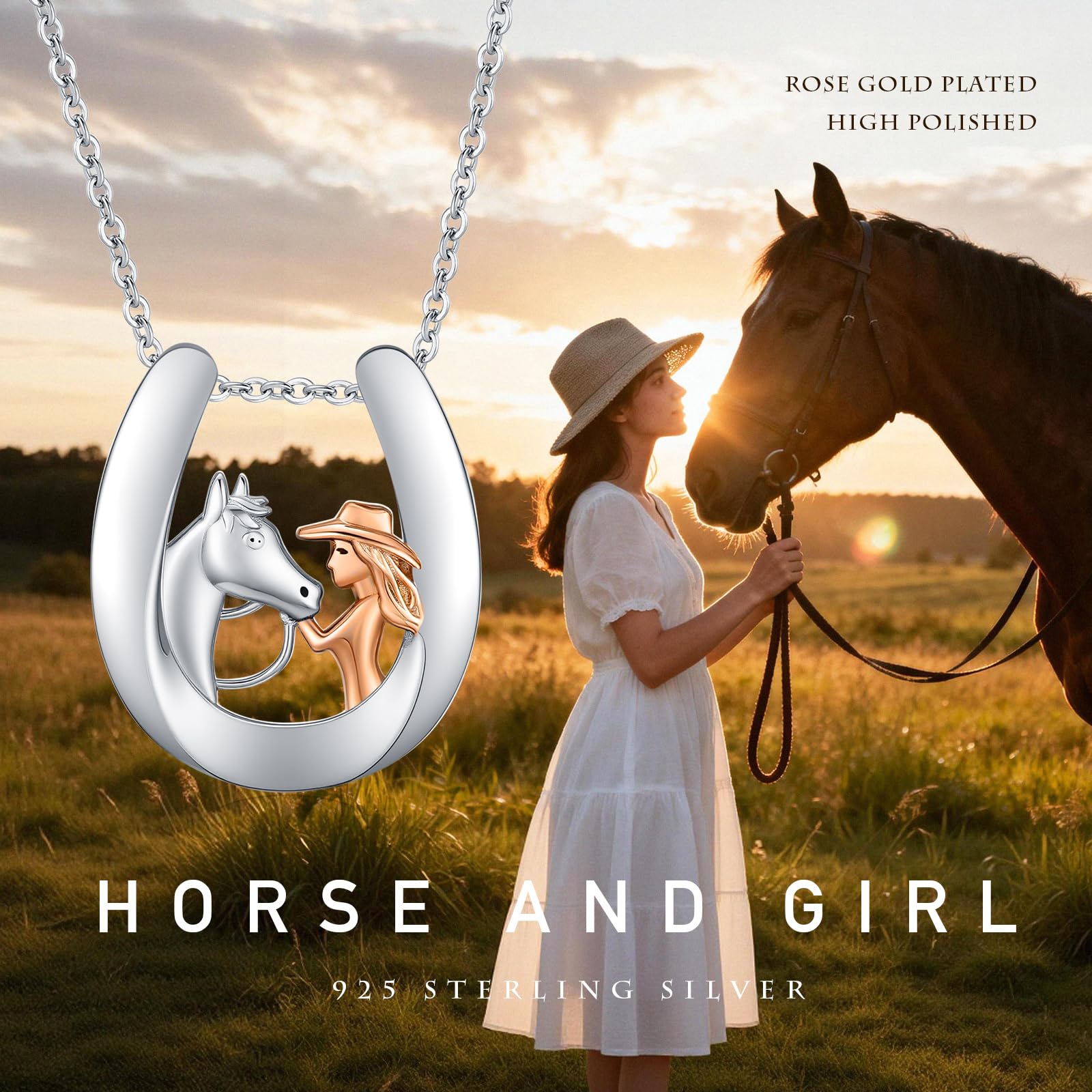 Mädchen und Pferd Halskette 925 Sterling Silber Pferdeschmuck Pferd Anhänger Halskette Geschenke für Frauen Damen