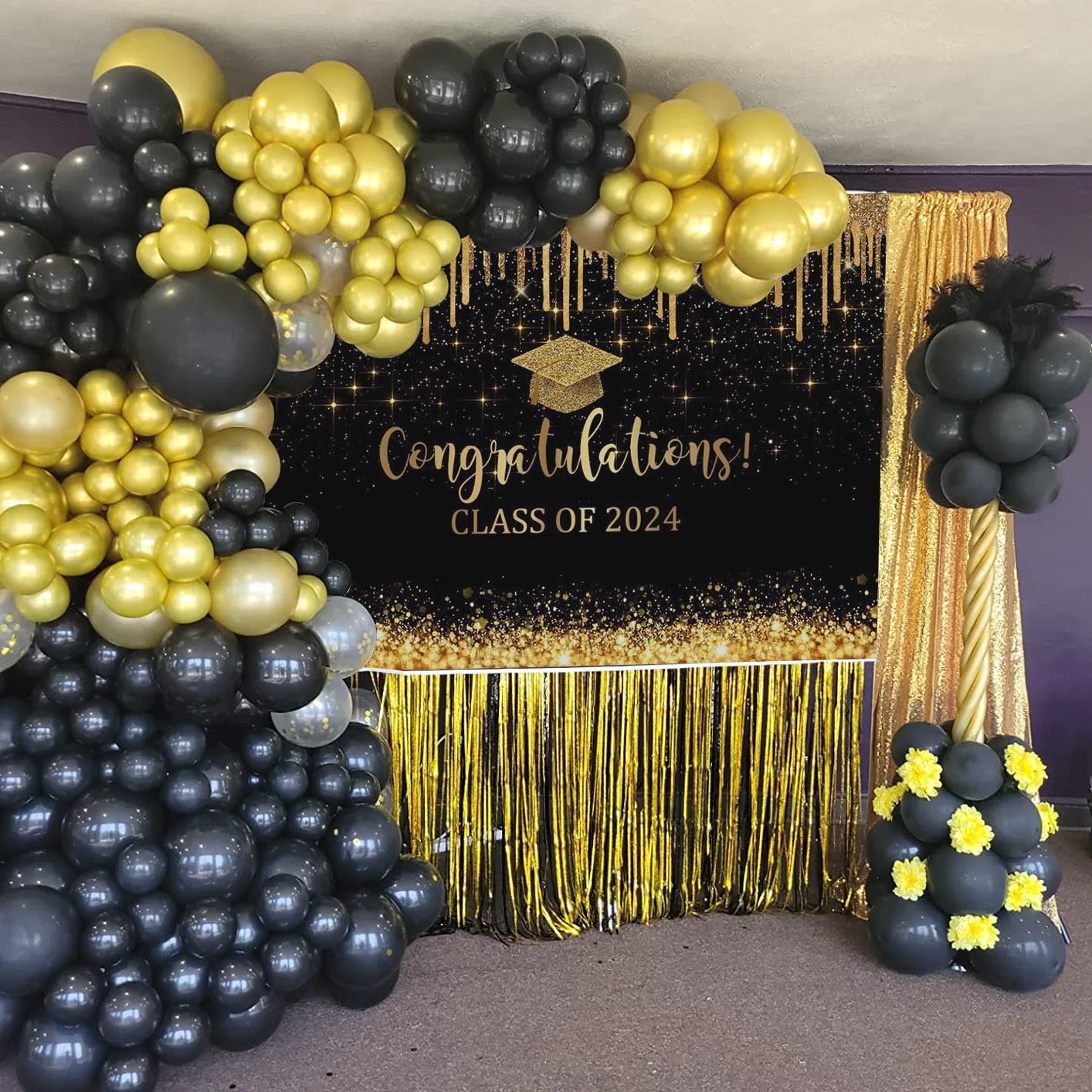 Mocsicka Graduation Backdrop 2024 Black and Gold Graduation Decorations Class of 2024 Congrats Grad Banner 2024 Congratulations Graduate Photo Background (black gold -1, 10x7ft)