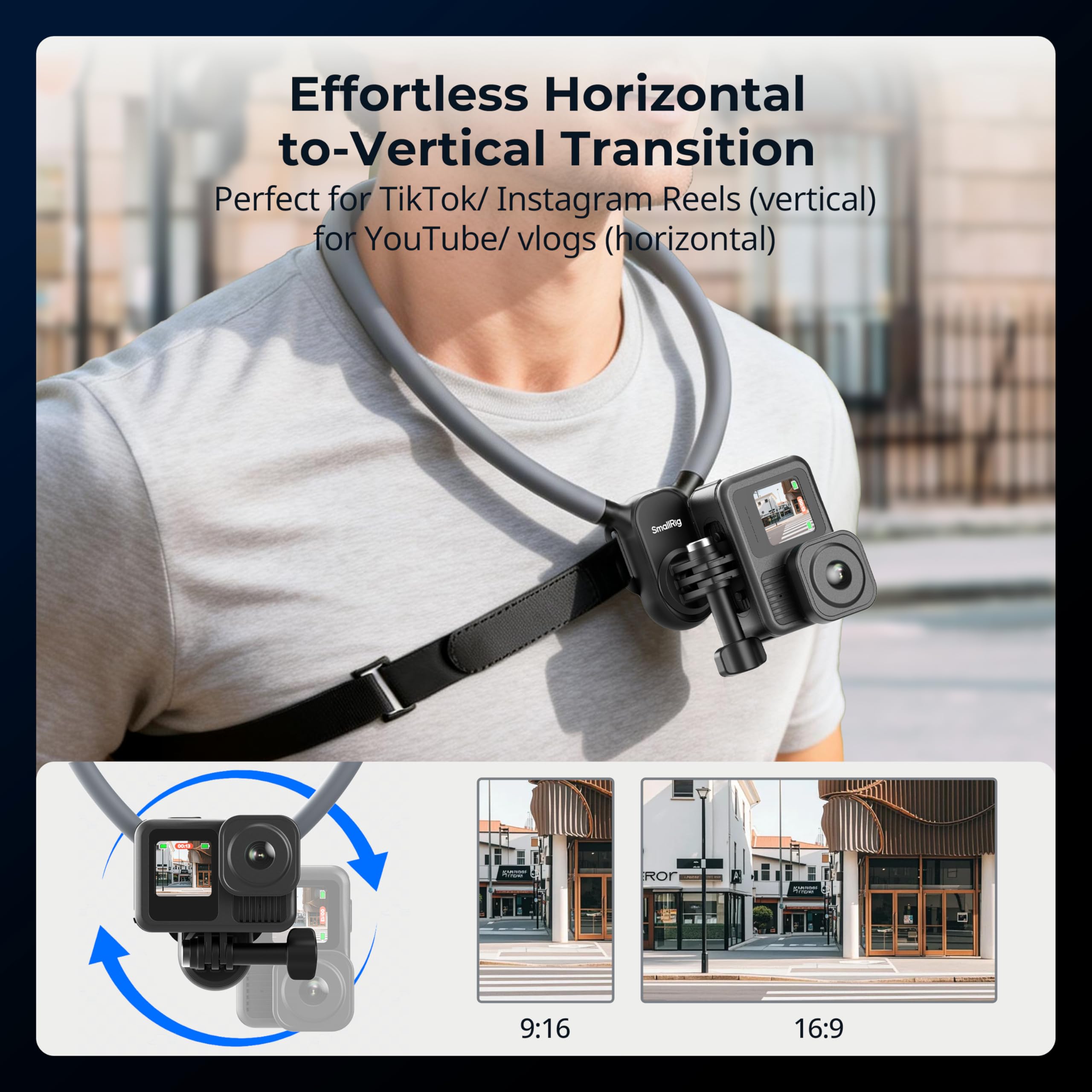 SMALLRIG Support de Cou avec Sangle de Poitrine pour caméras d'action, avec Interface à 2 Broches pour GoPro Hero 13/12/11/10/9, pour DJI Osmo Action 5 Pro/4/3, pour Insta360 Ace Pro 2-5596
