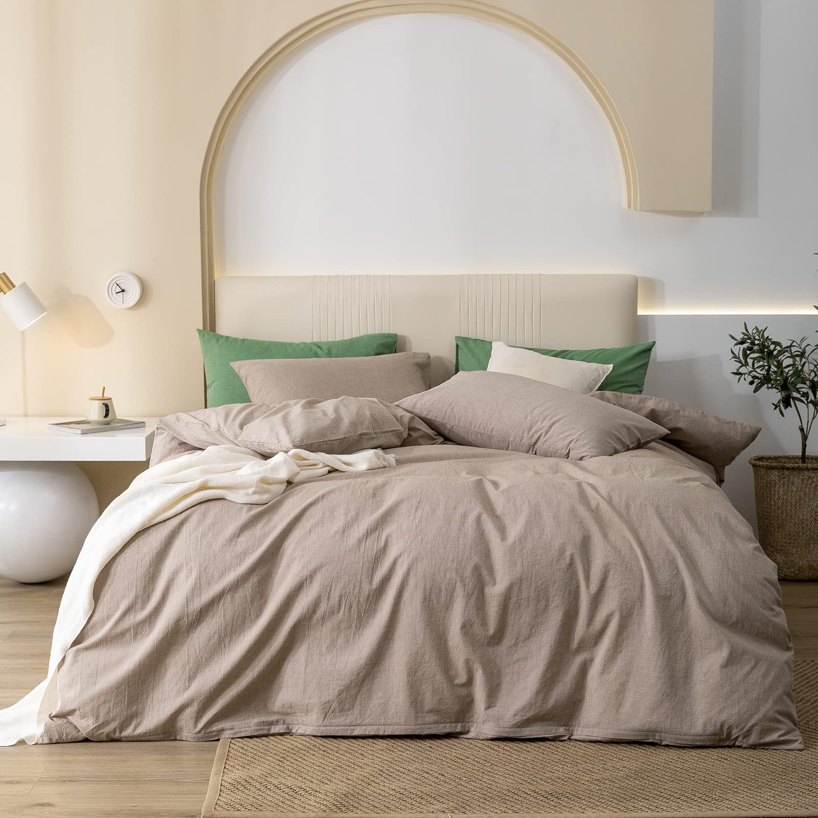 JIYUAN 100% Washed Cotton Duvet Cover Set Comfy Simple Style Soft Breathable Textured Durable Linen Feel Bedding for All Seasons Queen, Taupey