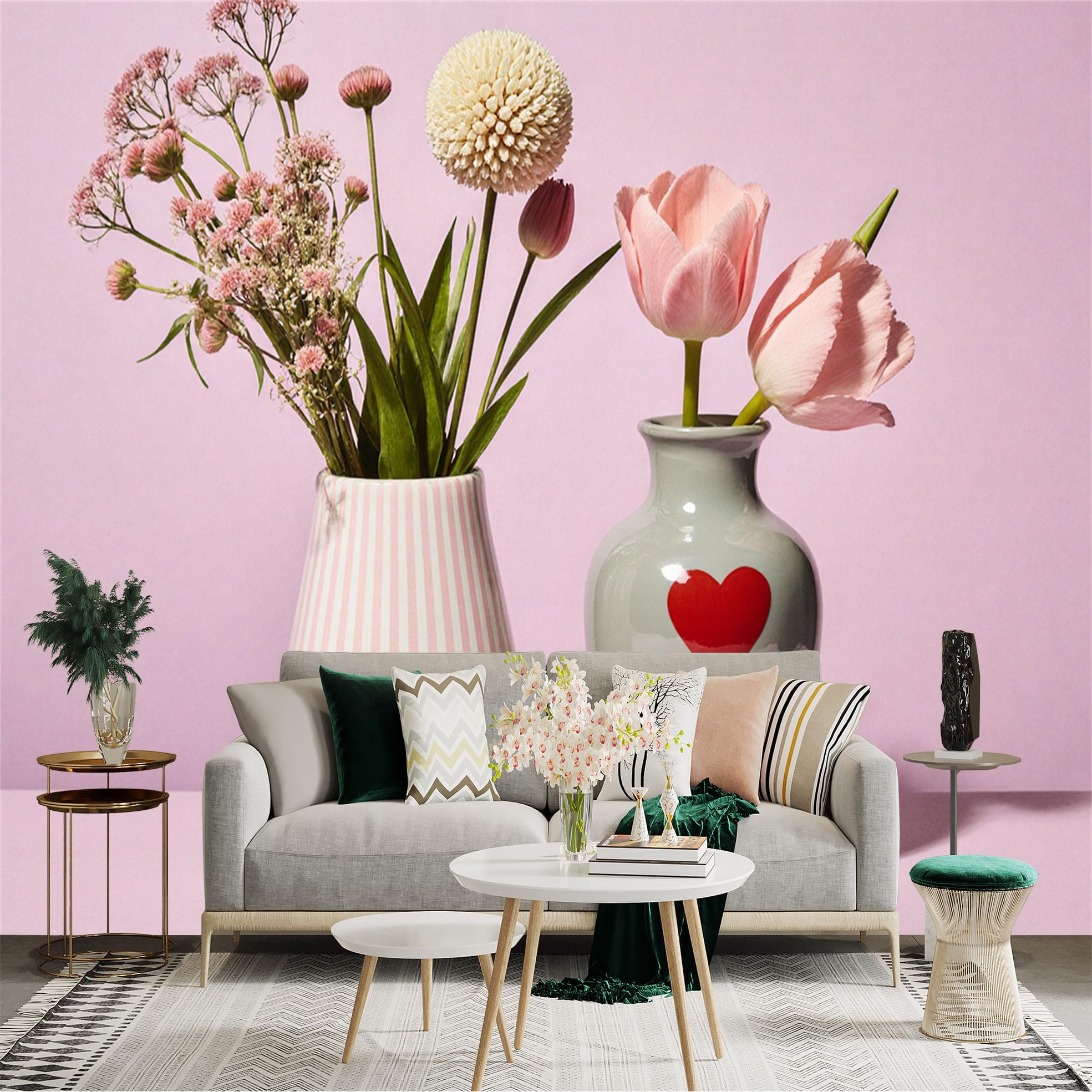 Custom Size Wall Sticker Mural， Pink Floral Arrangement， Aesthetic Vases with Heart Motif， Soft Pastel Backdrop， for wall Decoration， peelandstick wall Decals.