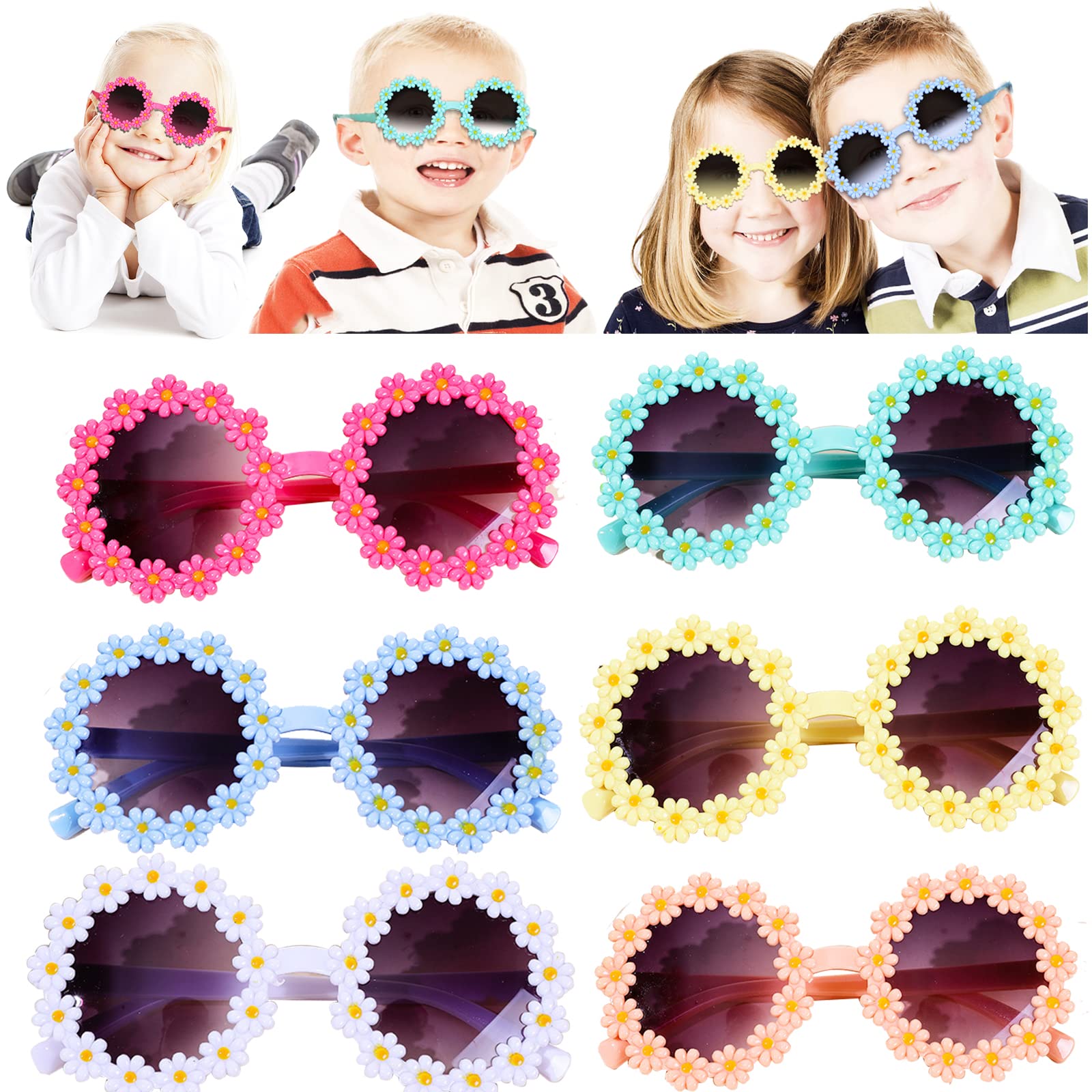 Hummigoo Daisy Sunglasses for Kids with UV400 Protection, 6 Pack Round Flower Sunglasses for Girls, Boys Age 3-10 - Great Gift for Party Favors,
