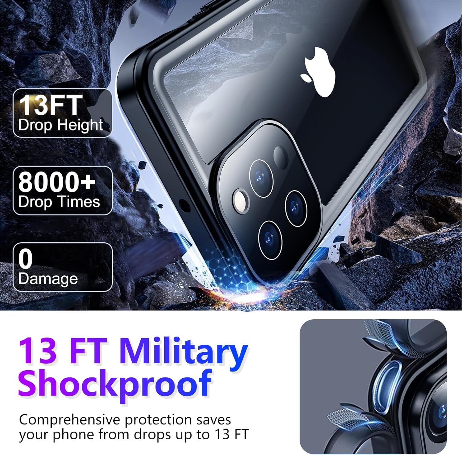 Temdan Compatible with iPhone 13 Pro Max Case Waterproof, Built-in Screen & Camera Protector IP68 Underwater Full Body 13FT Military Dropproof Shockproof Phone Case 6.7"-Black/Clear - Image 3