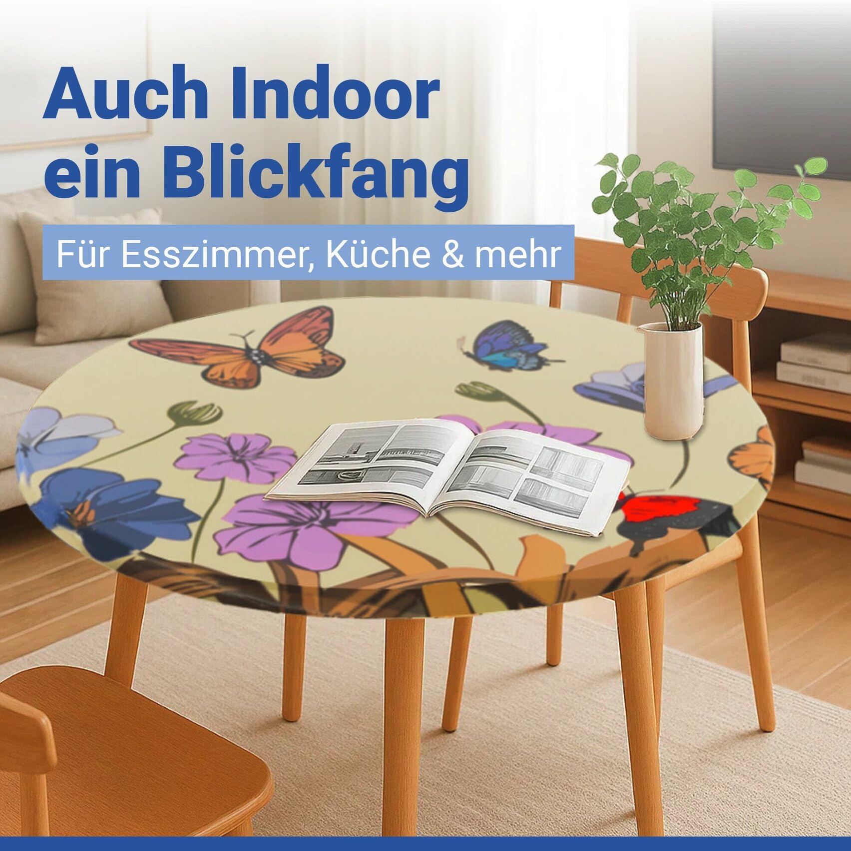 Maximex Tovaglia in plastica con elastico Ø 70-86 cm, motivo a farfalle, resistente alle intemperie e ai raggi UV, per giardino