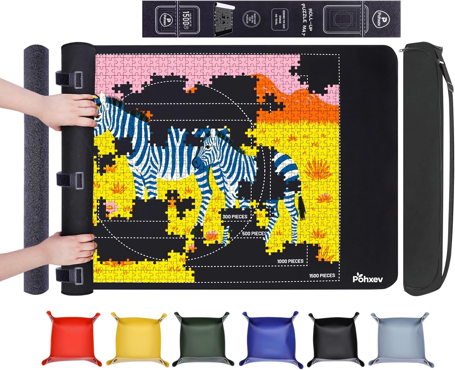 Rubber Puzzle Mat Roll Up?Jigsaw Saver Pad Matt Rollup 46" x 26" Up to 1500 1000 500 Pieces, Upgraded Travel Storage Bag with 6 Sorting Trays Portable Keeper with Non-Slip Bottom.