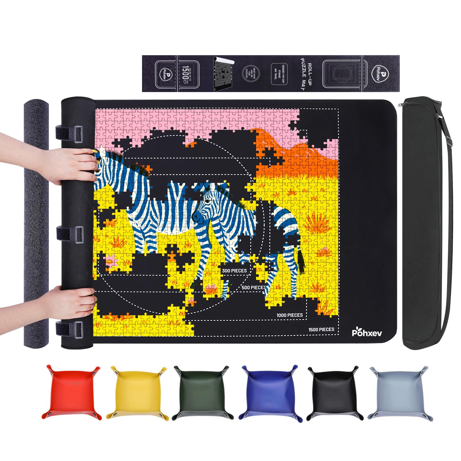 Rubber Puzzle Mat Roll Up 46" x 26" for 500-1500 Pieces with 6 Sorting Trays Non-Slip Portable Jigsaw Saver