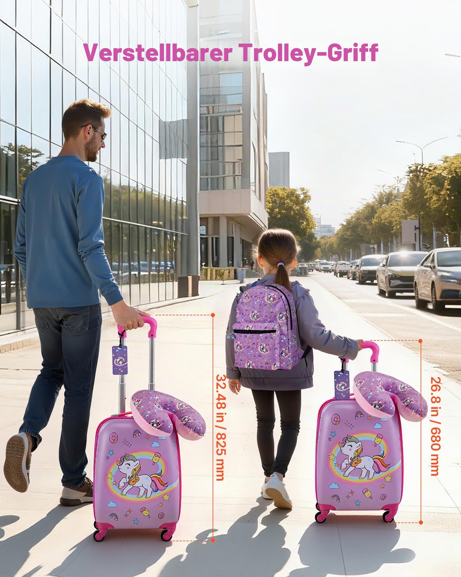 VEVOR 5 TLG. Kinderkoffer Set, 457,2 mm, Hartschalenkoffer mit Kindertrolley, Rucksack, Nackenkissen, Lunchbox & Kofferanhänge, Kofferset fürJungen & Mädchen, praktisch für Reisen Fliegen (Einhorn)