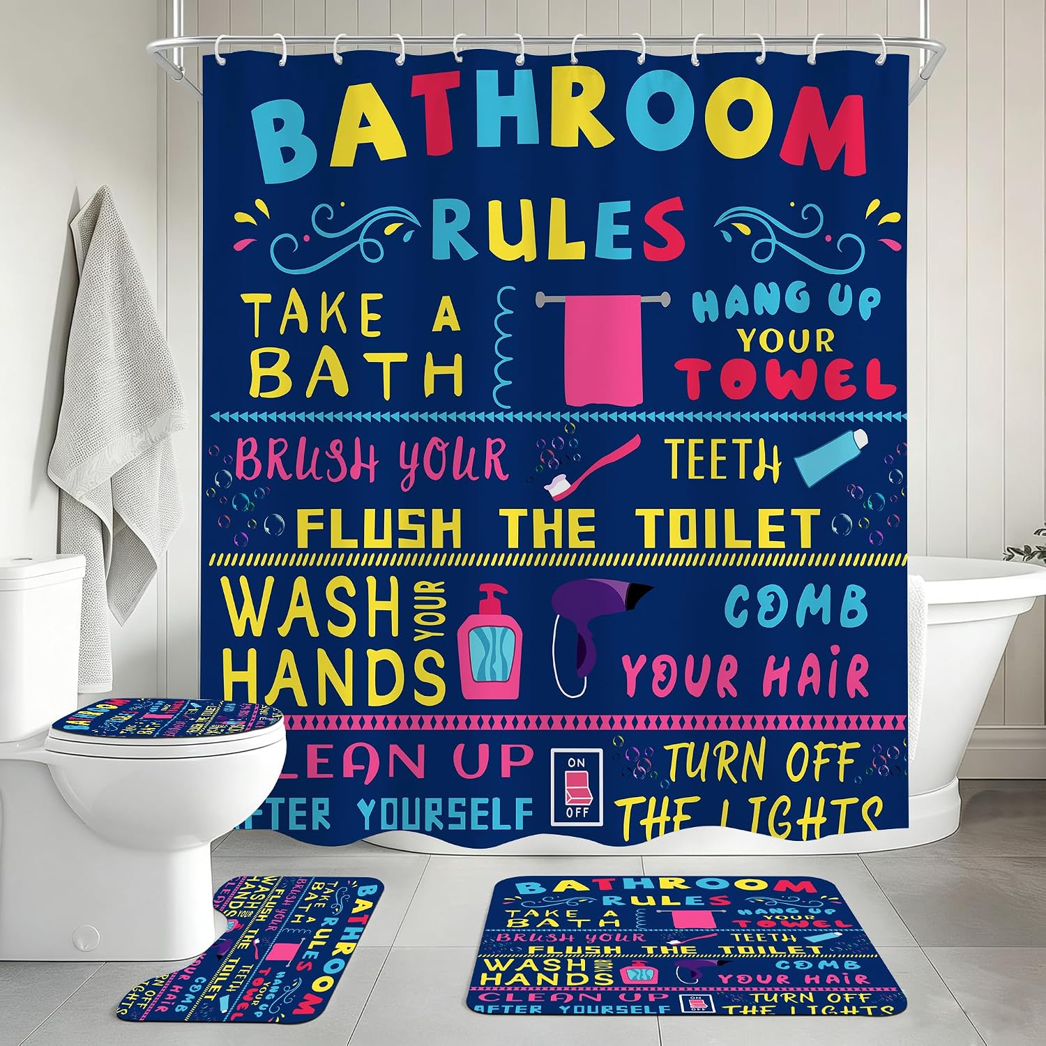 Kids Shower Curtain Set with Rugs, 4pcs Funny Rules Accessories, Blue