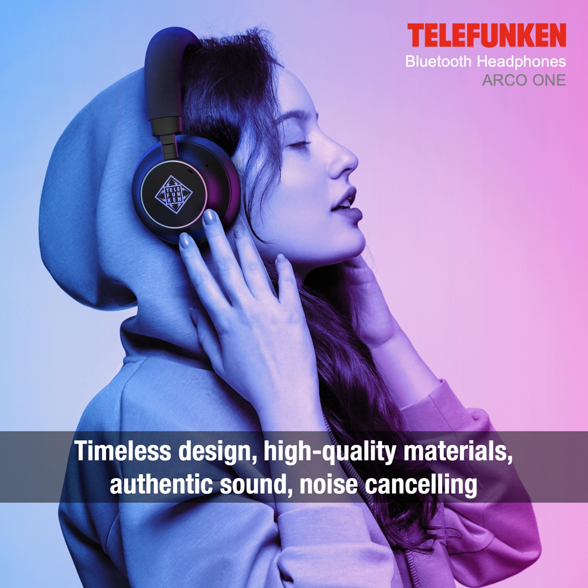 TELEFUNKEN ARCO ONE - Cuffie Bluetooth Over-Ear ANC, multipoint, batteria 30 h (22 h ANC), driver 40 mm, 32 Ω, AUX/3,5 mm e USB-C, IPX3, 220 g, imbottitura intercambiabile