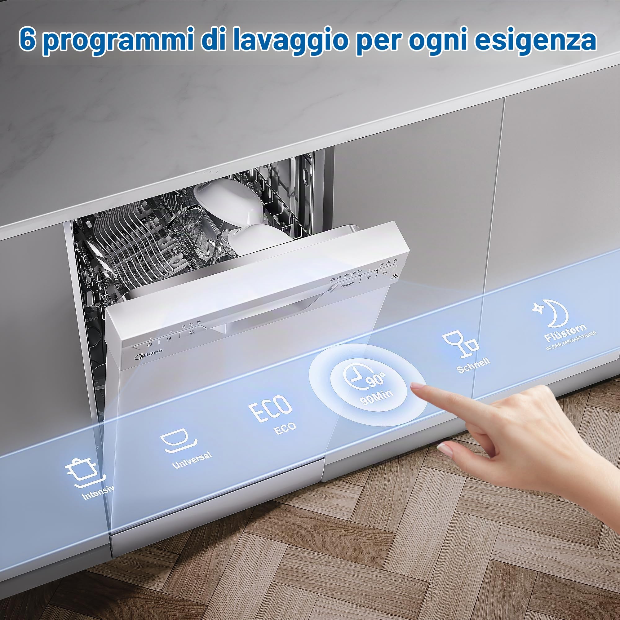 Midea SF 3.45NW PRO - Lavastoviglie da 45 cm, indipendente e da incasso, 9 coperti, lavastoviglie con Wi-Fi, 6 programmi, tempo di avvio 3/6/9h, 47 dB, bianco