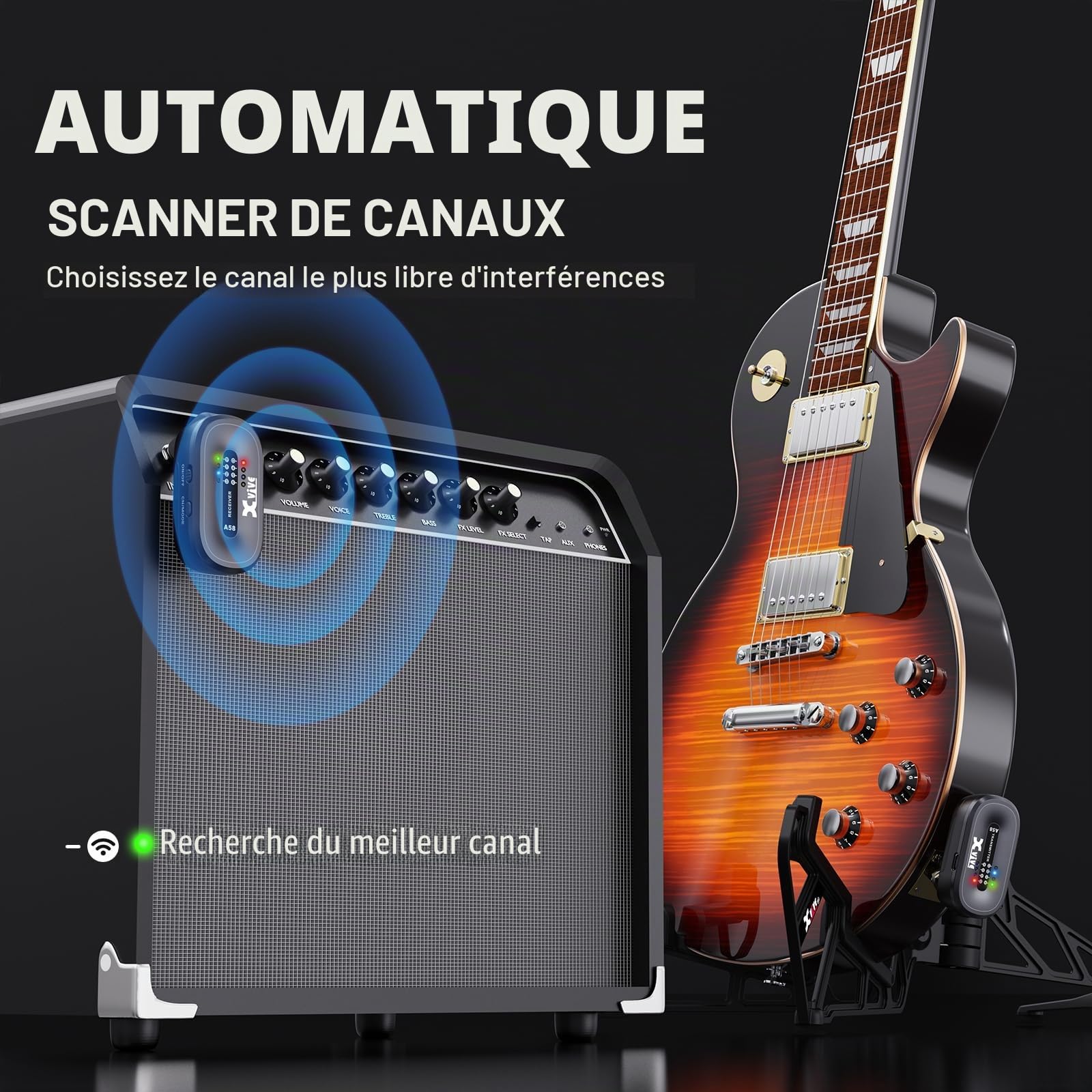 Système de guitare sans fil Xvive AC58 5,8 GHz, système sans fil pour guitare A58 avec étui de chargement pour guitare électrique/acoustique à micros actifs ou passifs