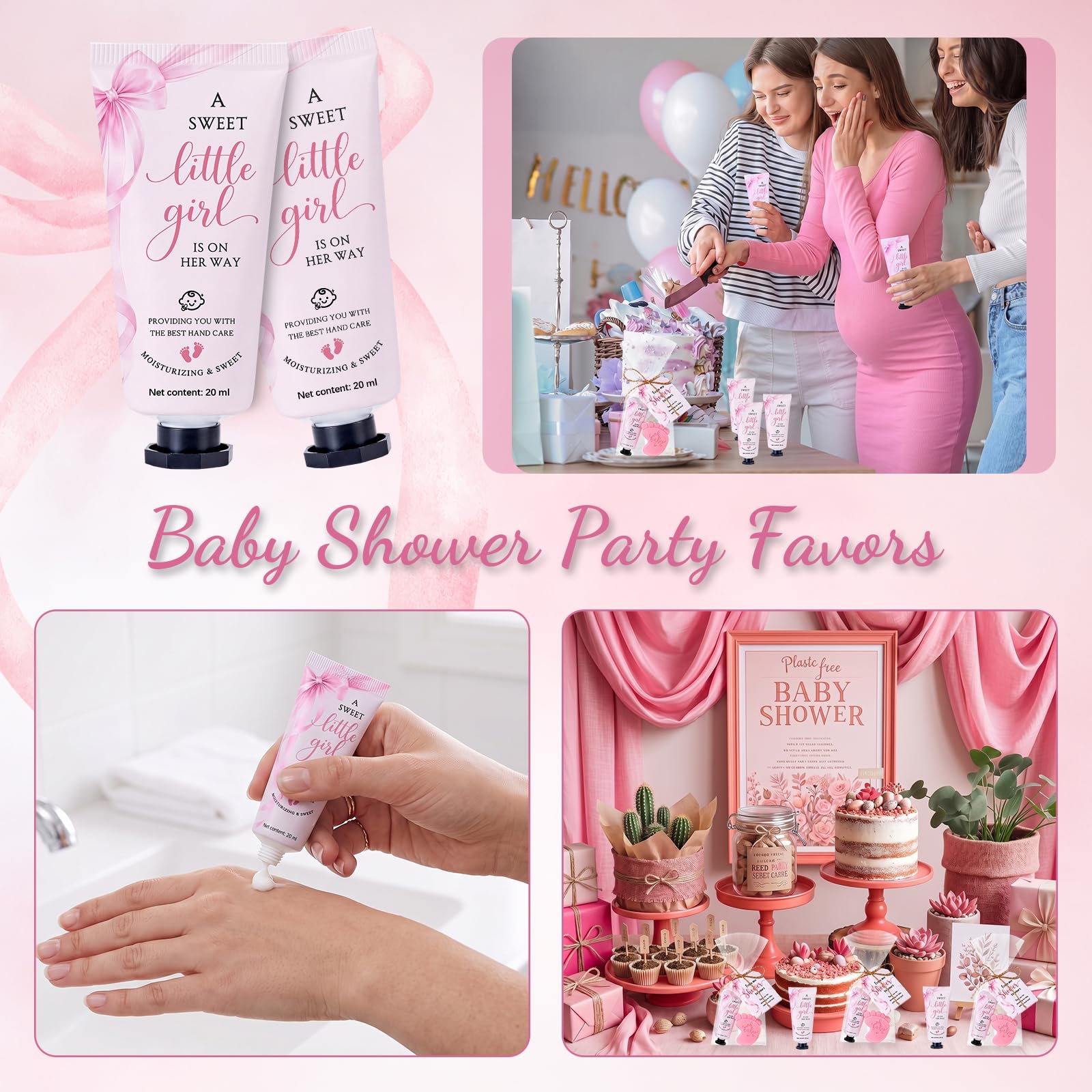 25 juegos de recuerdos de baby shower con lazo rosa para invitados, kit de crema de manos perfumada y jabón de huellas con tarjetas, bolsas de regalo transparentes y cordel para regalos de