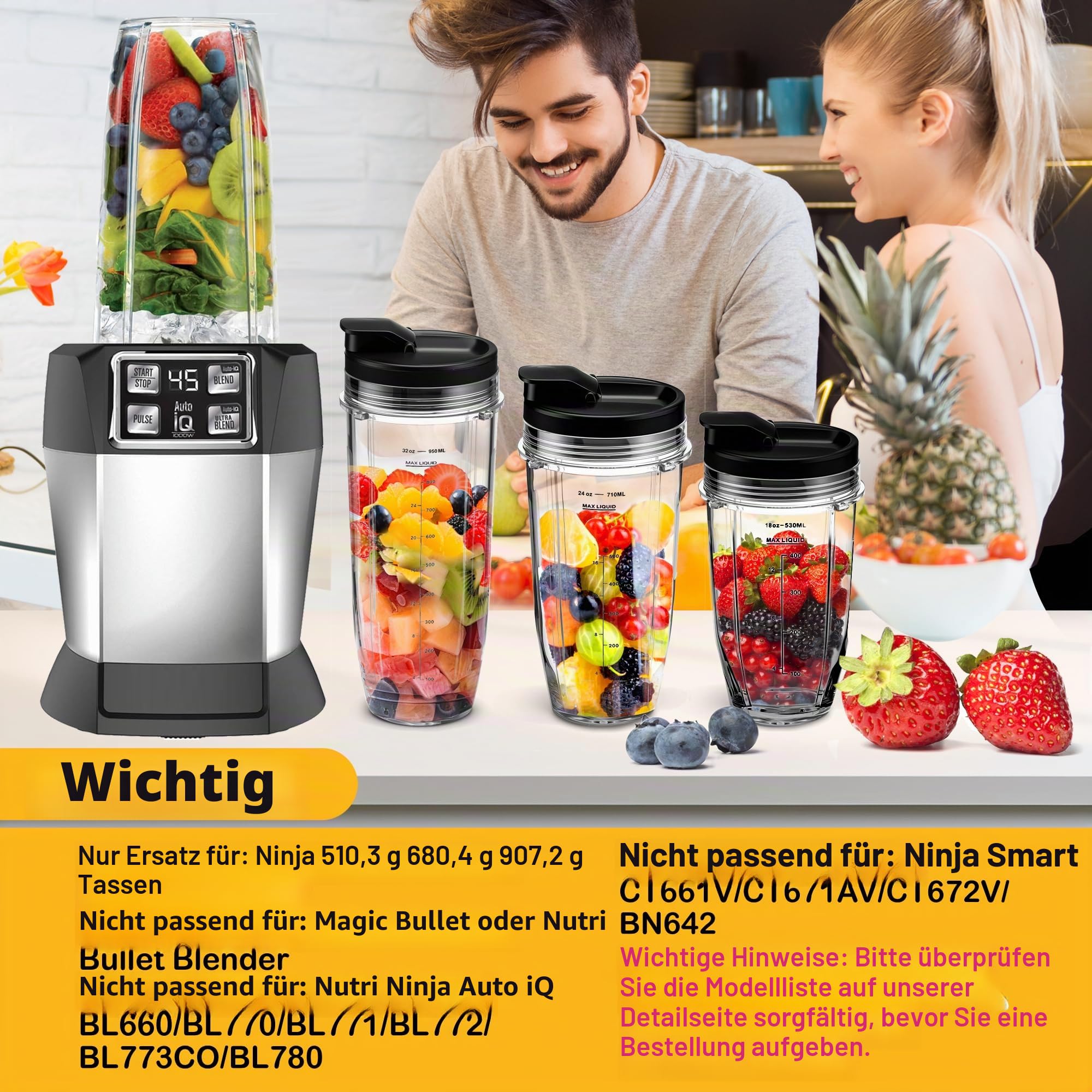 2 Stück Ersatz 32oz Blender Cup mit Sip & Seal Deckel Kompatibel mit Nutri Ninja BL450 BL454 Bl455 BL456 BL480 BL481 BL482 BL490 BL640 BL642 BL682 SS101 SS401 SS351 Nutri Ninja Auto IQ Serie Blender