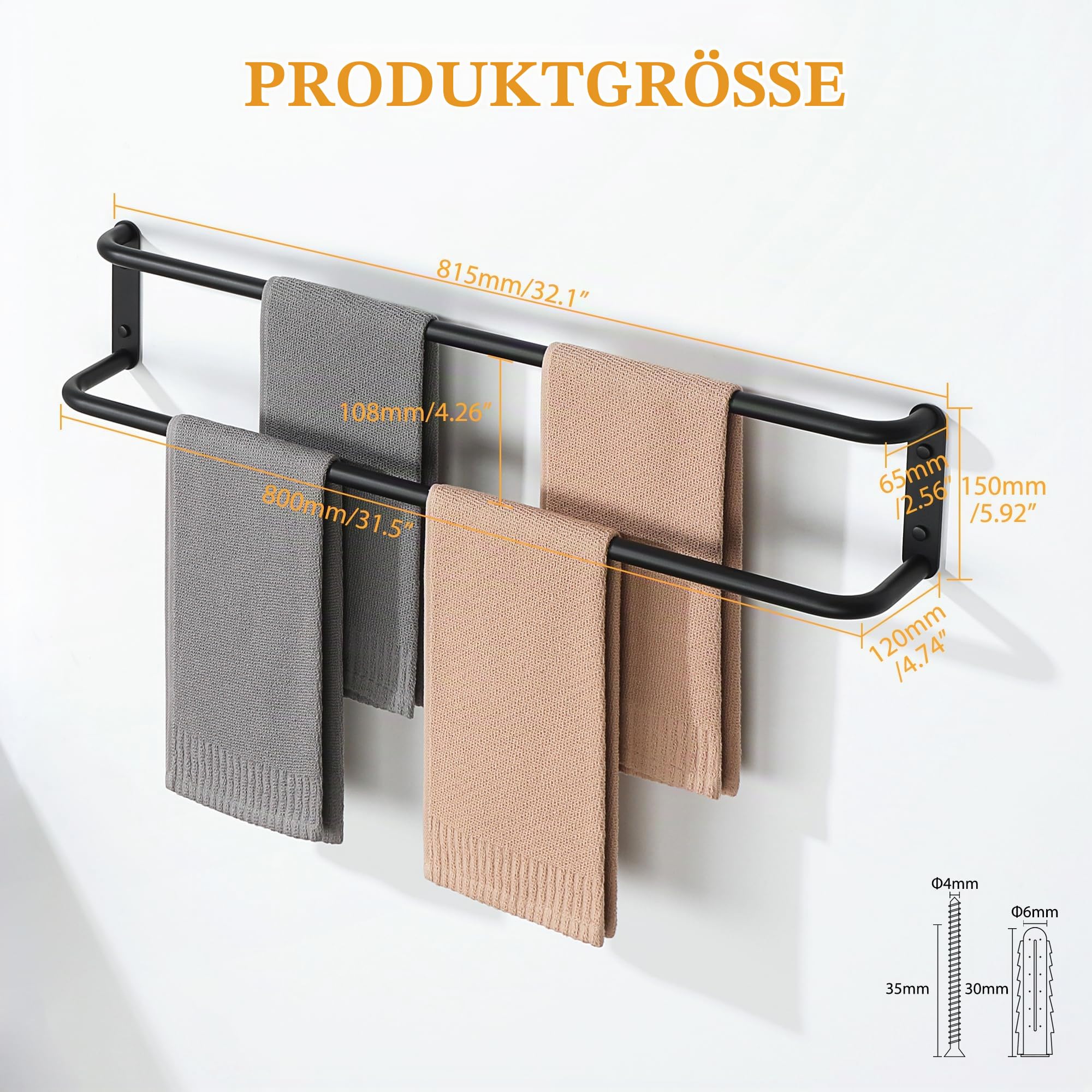 Mooche 80CM Handtuchhalter Edelstahl Schwarz,Doppelt Handtuchhalter Wand