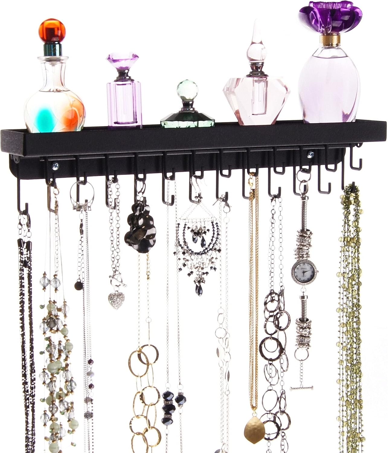 Angelynn's Heavy Duty Wall Mounted Long Necklace Hooks Holder Display Bracelet Organizer with Tray Shelf, Hanging Closet Jewelry Storage Rack, Schelon Black 14 1/2" x2 1/2"