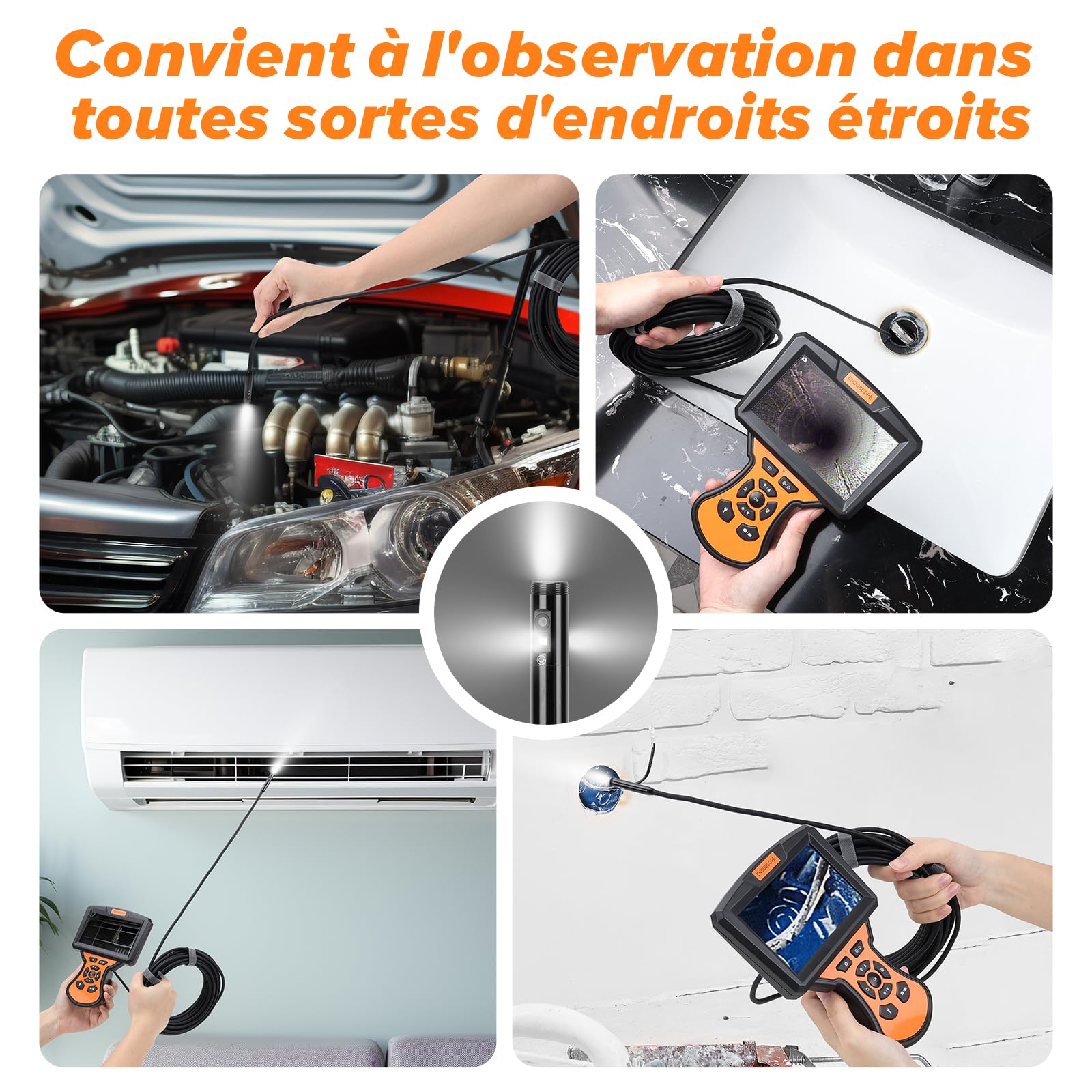 Camera Endoscopique Triple Objectif, WADEO Endoscope Industriel IPS 5'' avec 8 Lumières LED, 1080P HD Étanche Camera Inspection Canalisation, Câble Semi-Rigide 10M, Carte 32 Go, Étanche IP67 | avec 8 Lumières LED, 1080P HD Étanche Camera Inspection Canali
