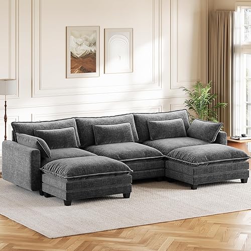 Pipishell 110.6" U-Shaped Modular Sectional Sofa, 5-Seat Modern Chenille Deep Seat Comfy Cloud Couch with 2 Movable Ottoman & Throw Pillows for Living Room, Bedroom and Apartment, Grey