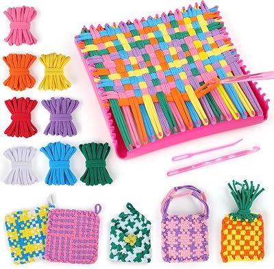 PATPAT Cotton PATPAT? Weaving Loom Kit DIY Art Craft Kit for Kids 12-Color Colorful Elastic Rope Color Plaid Weaving Art