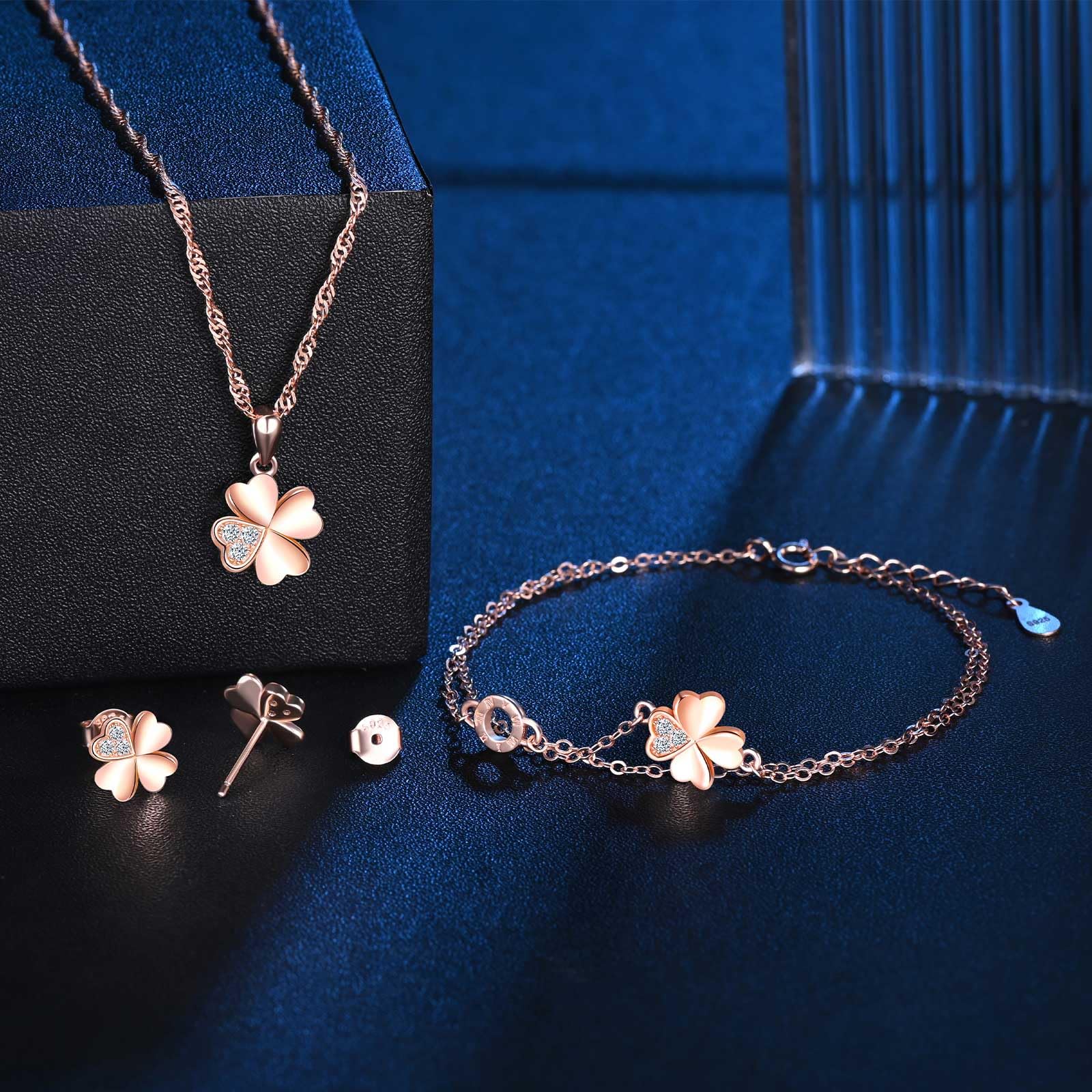 Juegos de 3 Collar Pendientes y Pulsera para Mujer y Niñas, Colgante Trébol con Cadena 45cm, Aretes Trébol Circonita, Pulsera Trébol Oro Rosa, Plata de Ley 925 Conjuntos Joyas