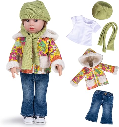 Conjunto de ropa de muñeca de 18 pulgadas, abrigo amarillo colorido, bufanda y sombrero verdes, jeans azules y camiseta blanca, juego de 5 piezas de