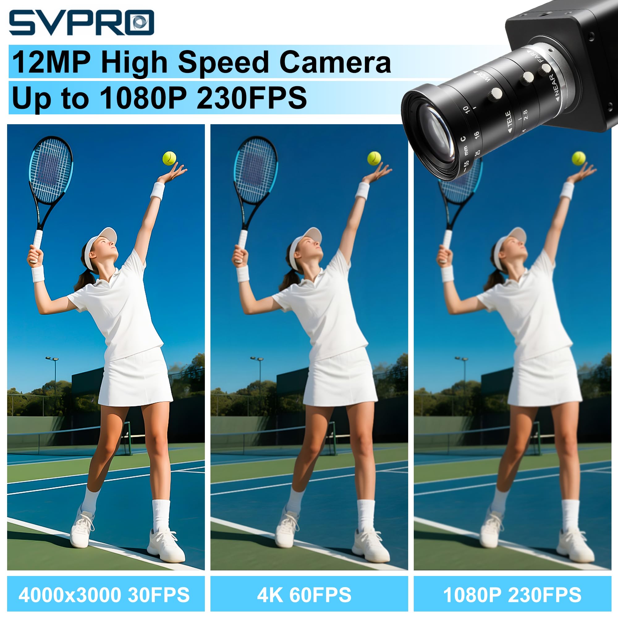 Svpro Fotocamera USB 3.0 ad alta velocità 1080P/230fps, 4K/60fps, 12MP/30fps, 12MP zoom Webcam con obiettivo CS Mount 10-55mm, messa a fuoco manuale, fotocamera UVC per Windows, Linux, Mac e Android