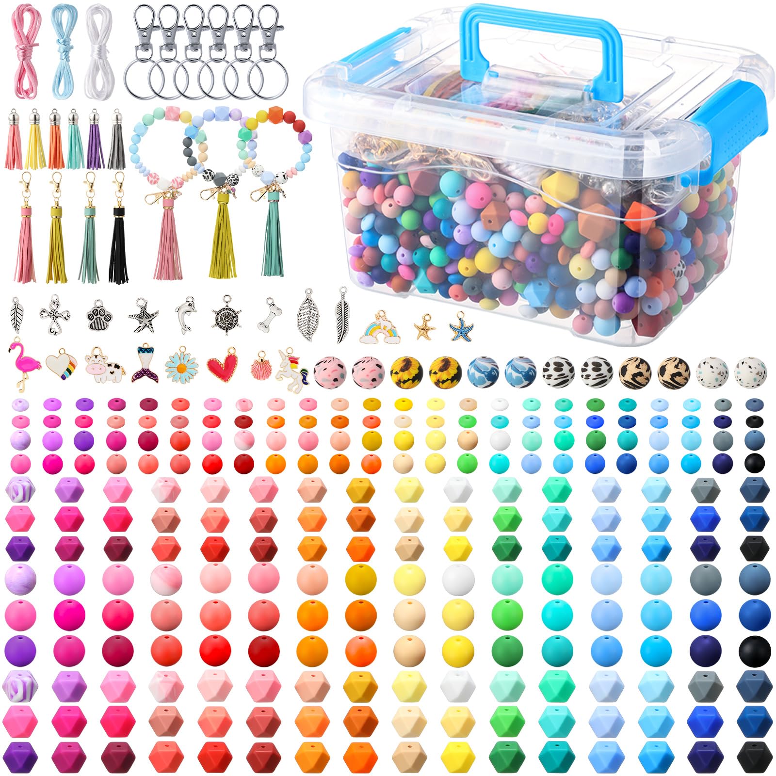 Hotop 342 Pcs Silicone Beads for Keychain Making Kit, 12mm15mm Round 14mm17mm Polygonal Silicone Rubber Beads for Keychain DIY Necklace Bracelet